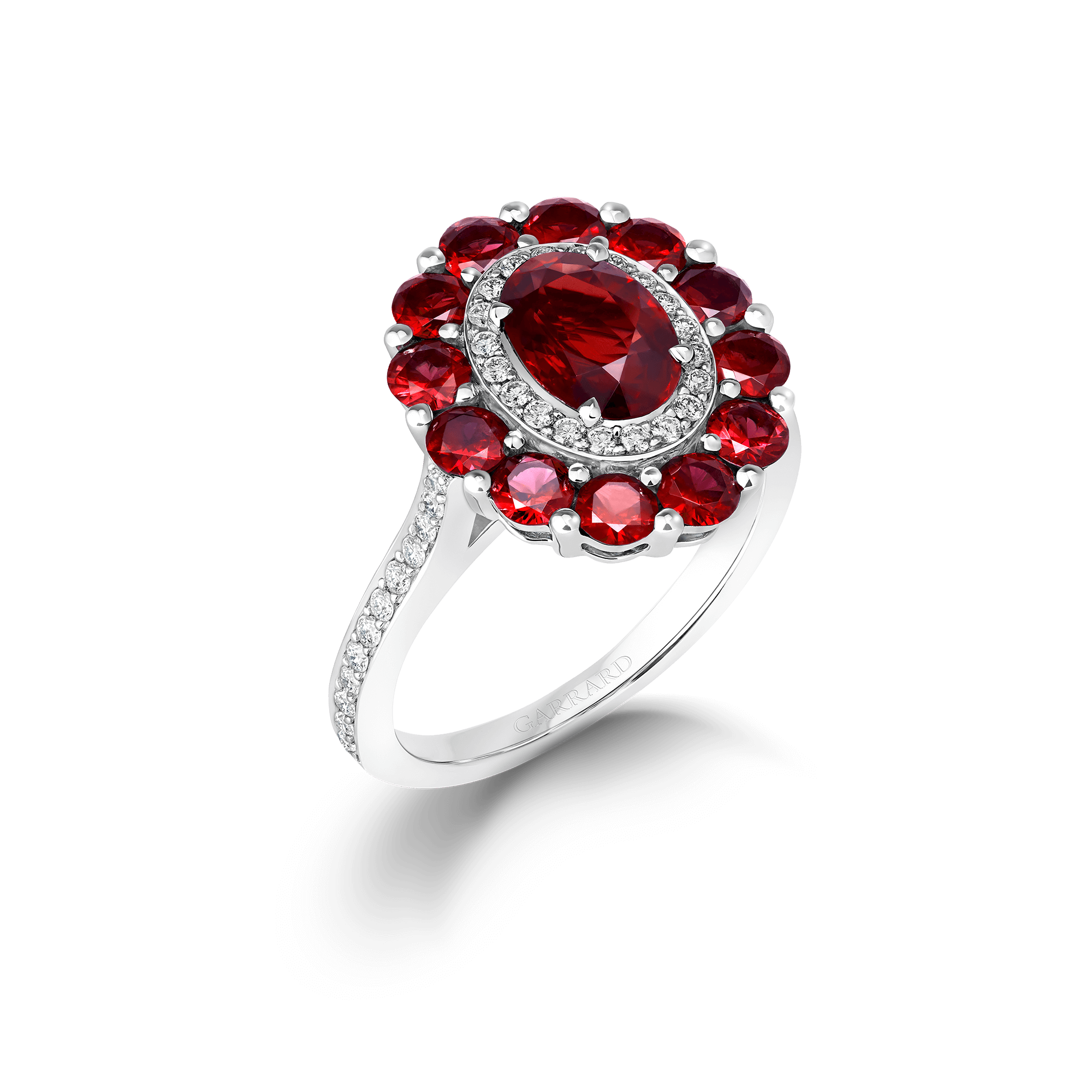 garrard 1735 Double Colour Cluster Ruby Ring In Platinum with Diamonds