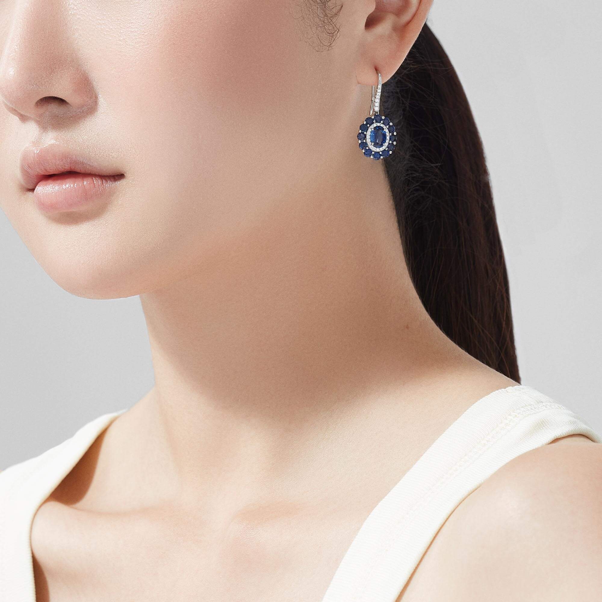 Garrard 1735 Double Colour Cluster Sapphire Drop Earrings In Platinum With Diamonds