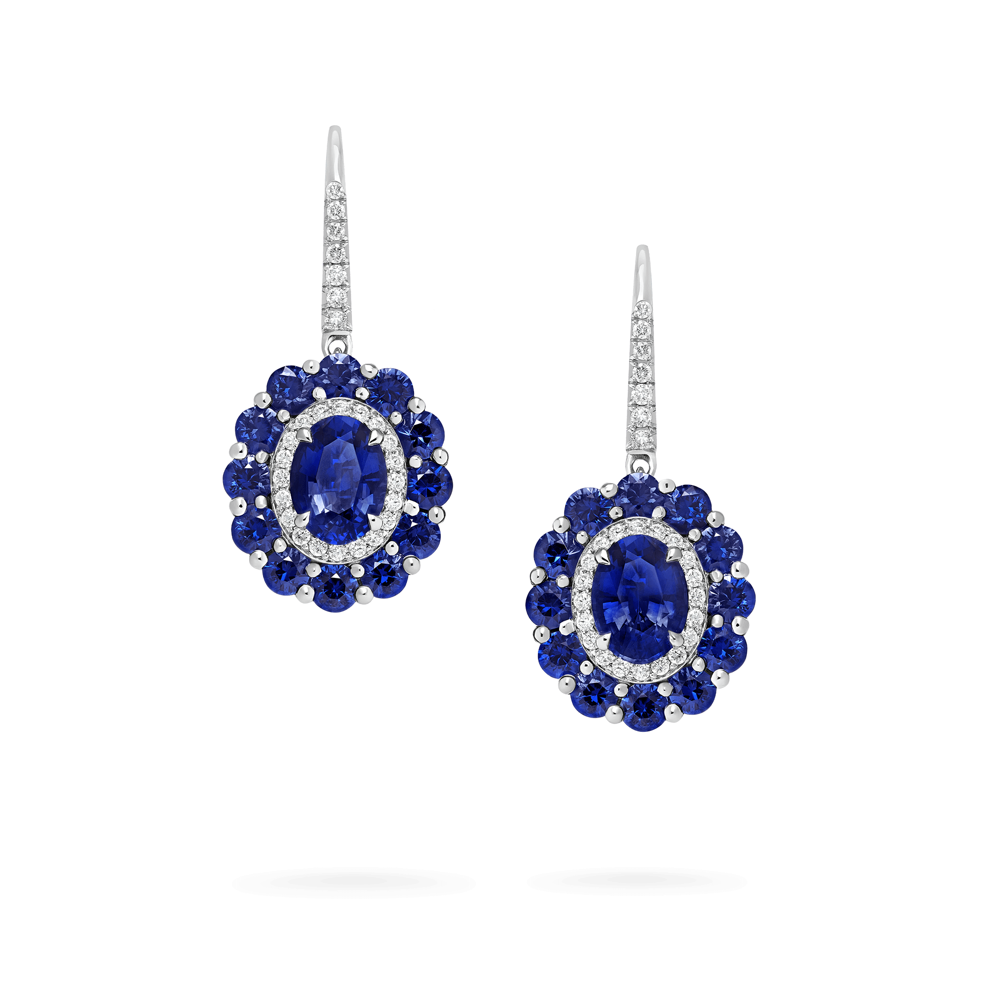 garrard 1735 Double Colour Cluster Sapphire Drop Earrings In Platinum with Diamonds