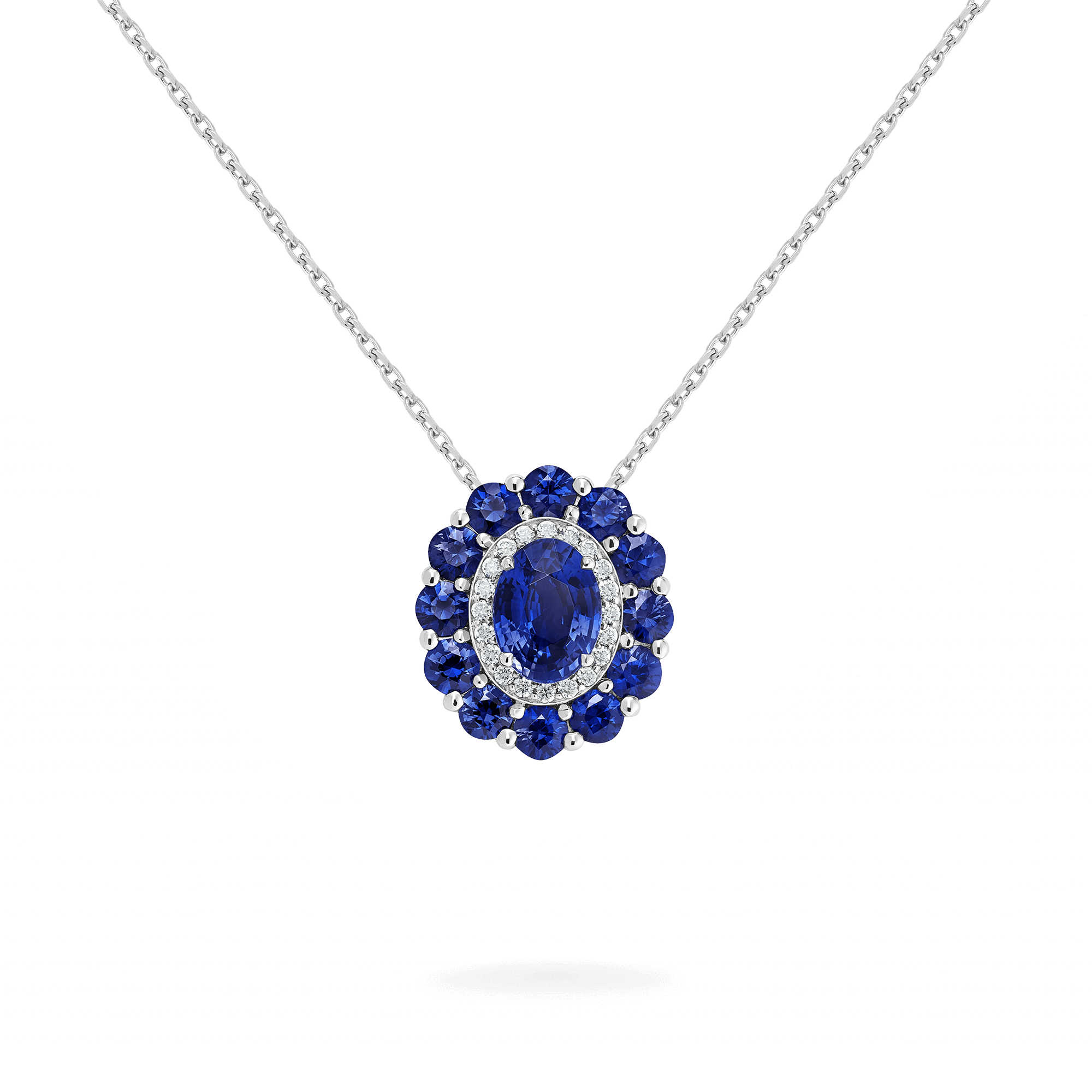 garrard 1735 Double Colour Cluster Sapphire Pendant In Platinum with Diamonds