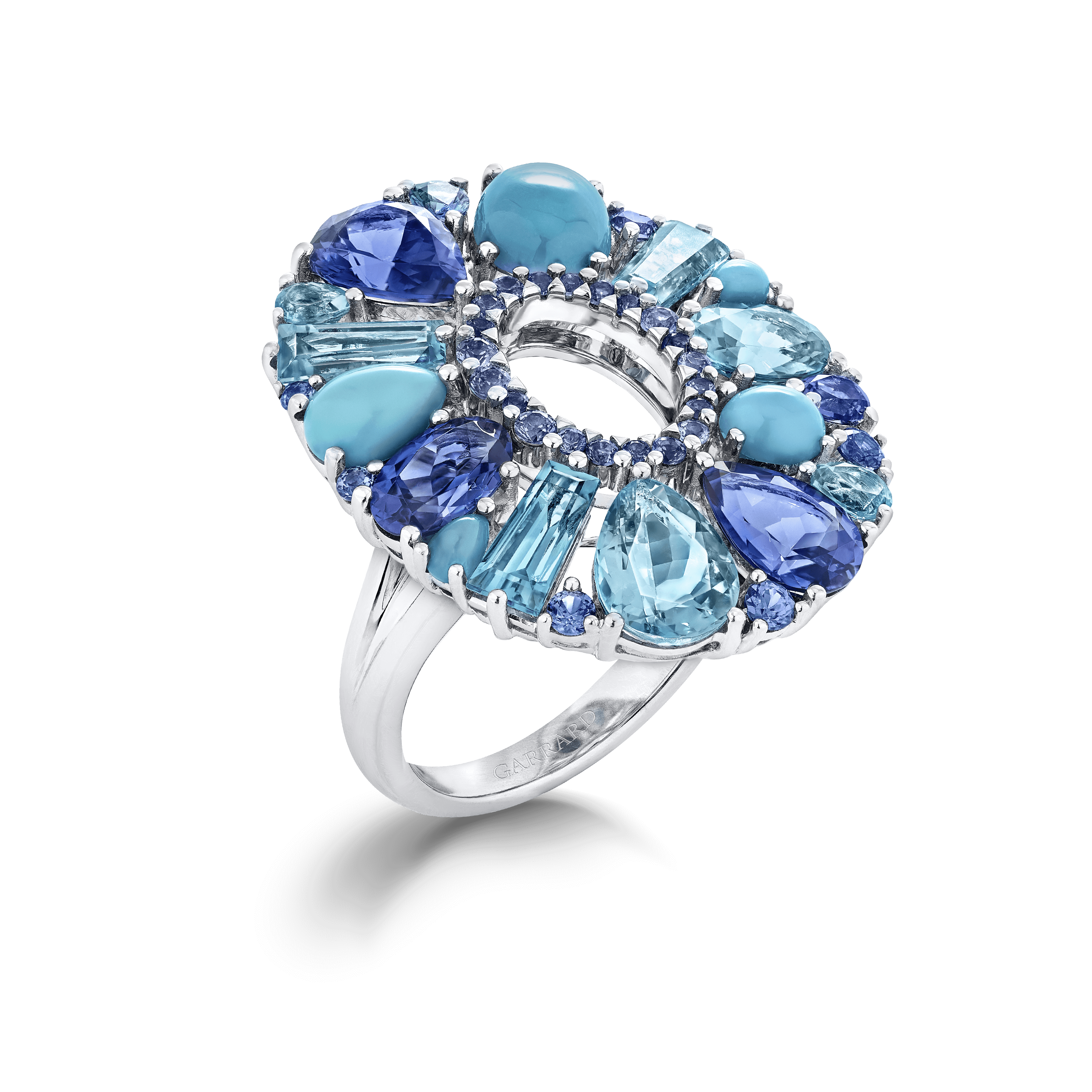 garrard Blaze Blue Sapphire Tanzanite Aquamarine Blue Topaz And Turquoise Cocktail Ring In 18ct White Gold
