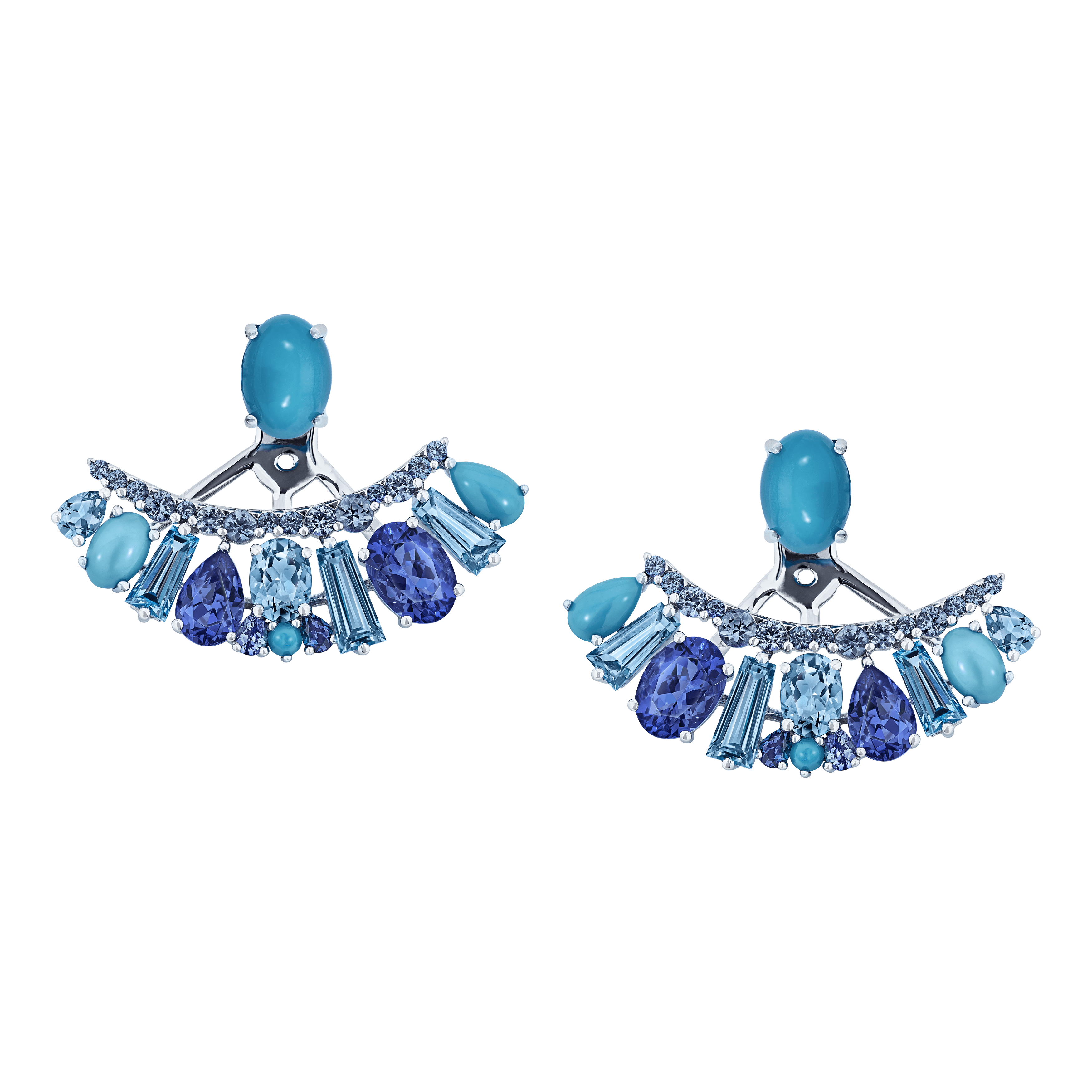 garrard Blaze Blue Sapphire Tanzanite Aquamarine Blue Topaz And Turquoise Ear Jackets In 18ct White Gold