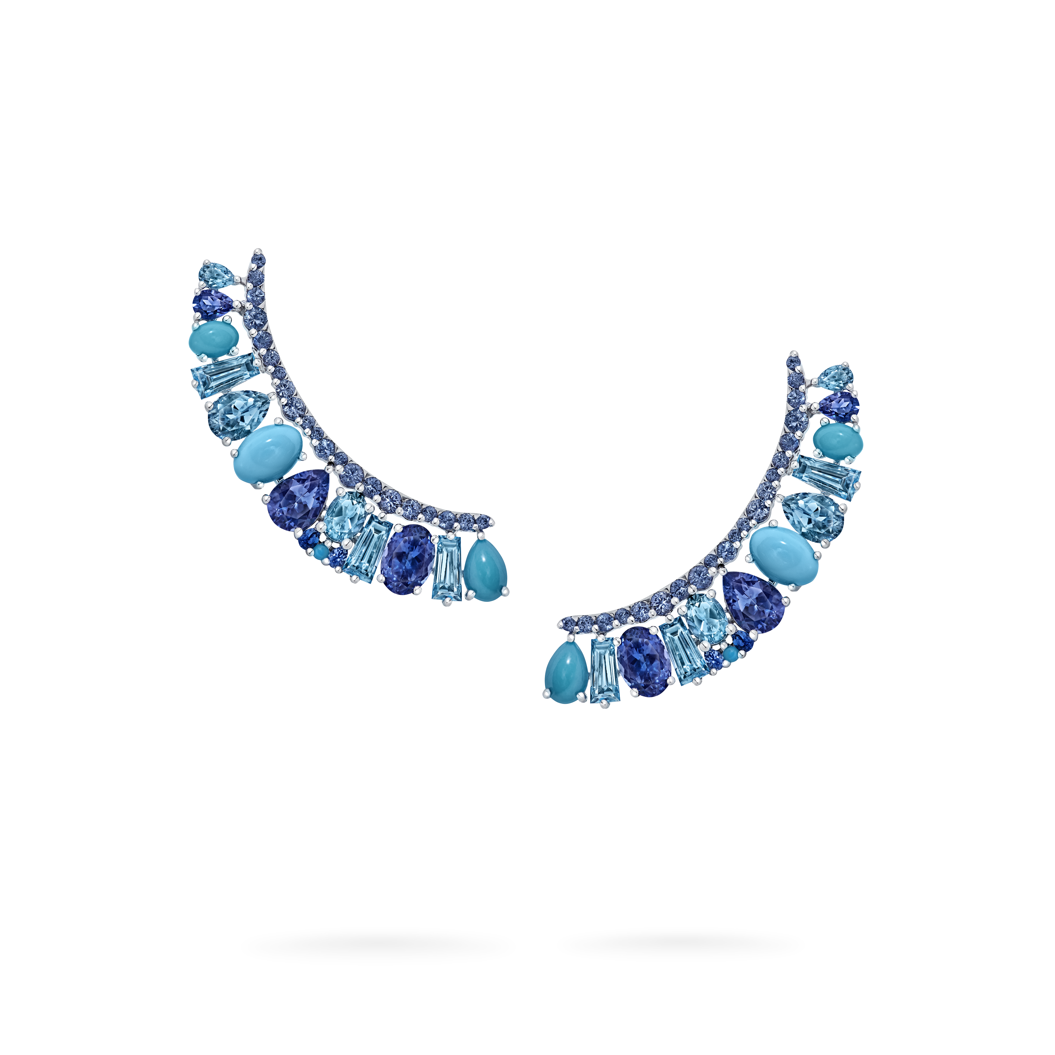 garrard Blaze Blue Sapphire Tanzanite Aquamarine Blue Topaz And Turquoise Ear Climbers In 18ct White Gold