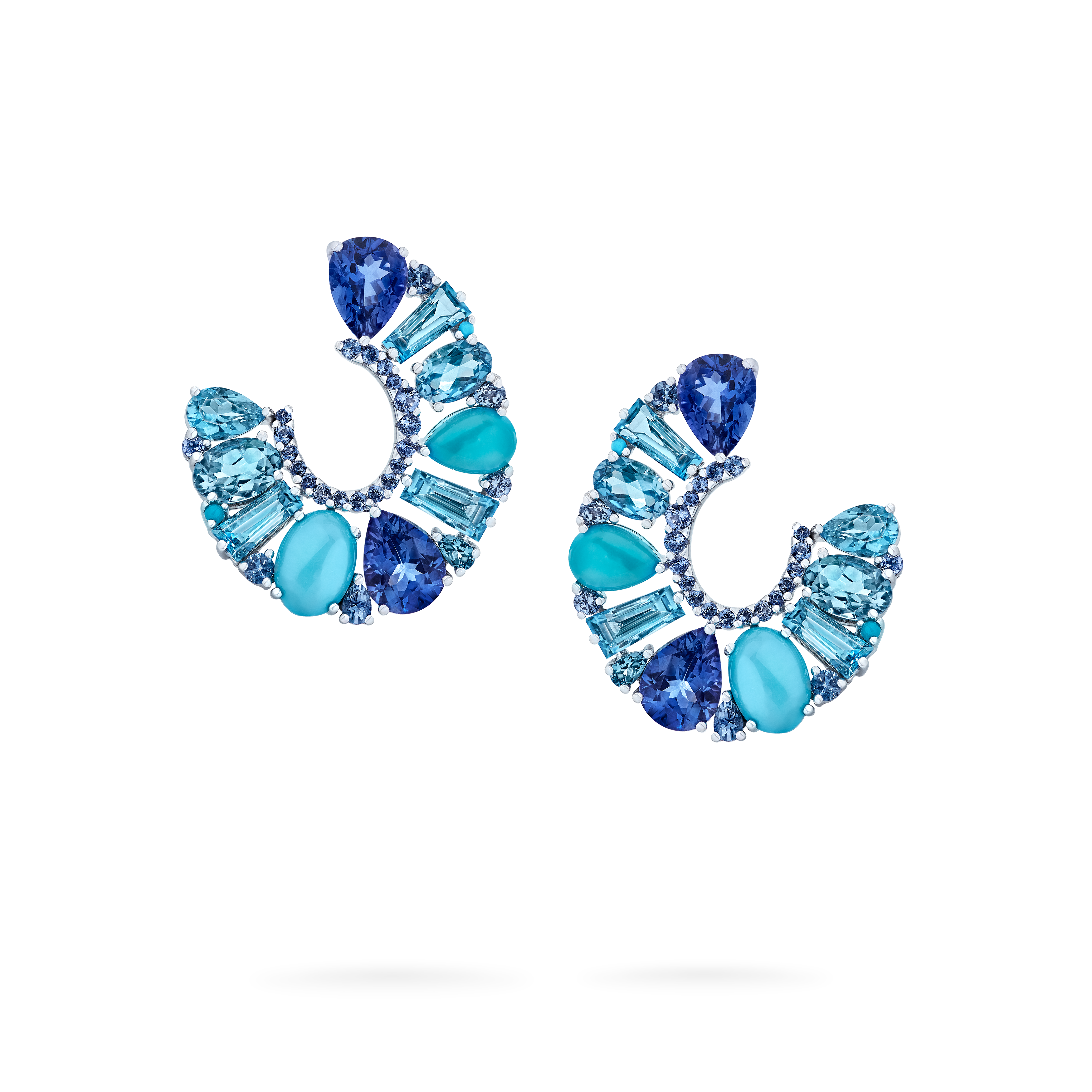 garrard Blaze Blue Sapphire Tanzanite Aquamarine Blue Topaz And Turquoise Hoop Earrings In 18ct White Gold