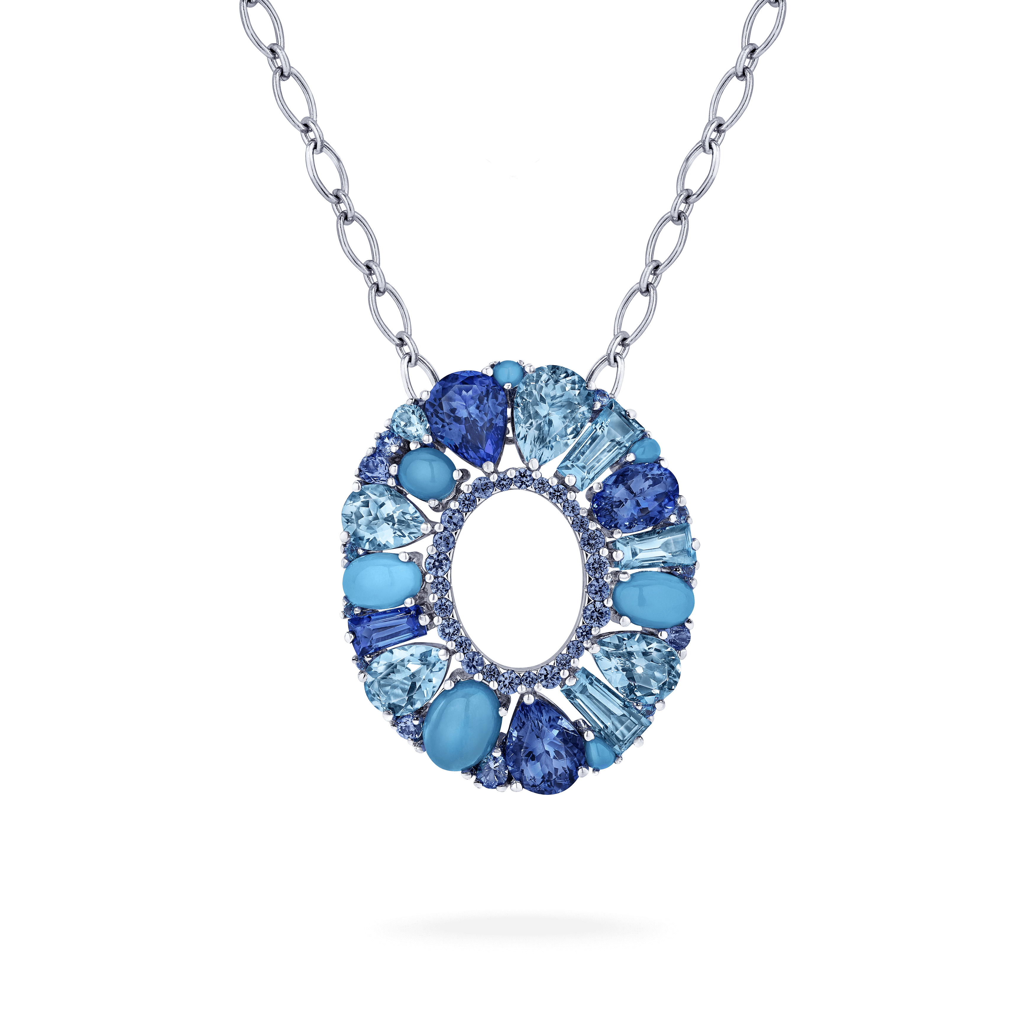 garrard Blaze Blue Sapphire Tanzanite Aquamarine Blue Topaz And Turquoise Pendant In 18ct White Gold