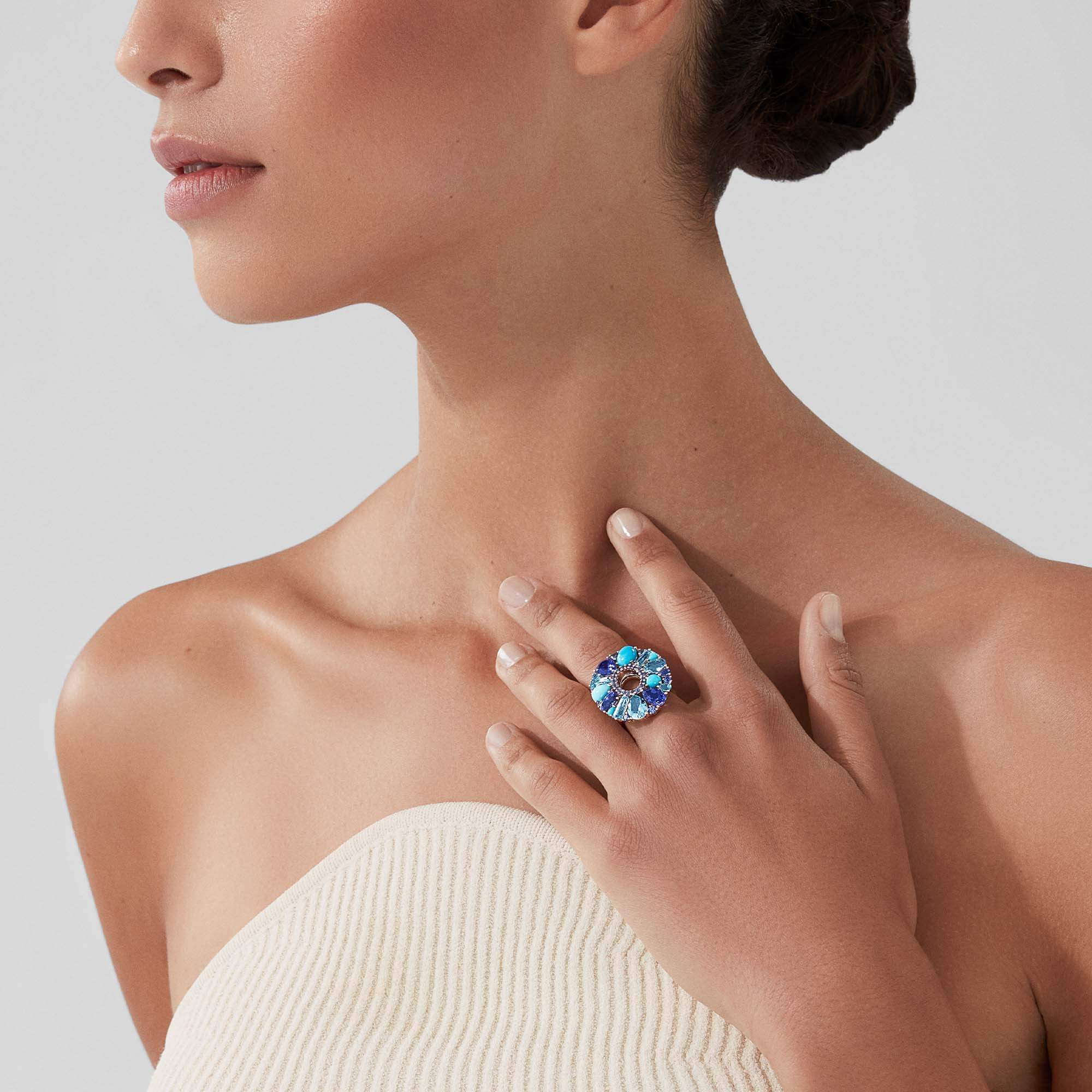 Garrard Blaze Blue Sapphire Tanzanite Aquamarine Blue Topaz And Turquoise Cocktail Ring In 18ct White Gold