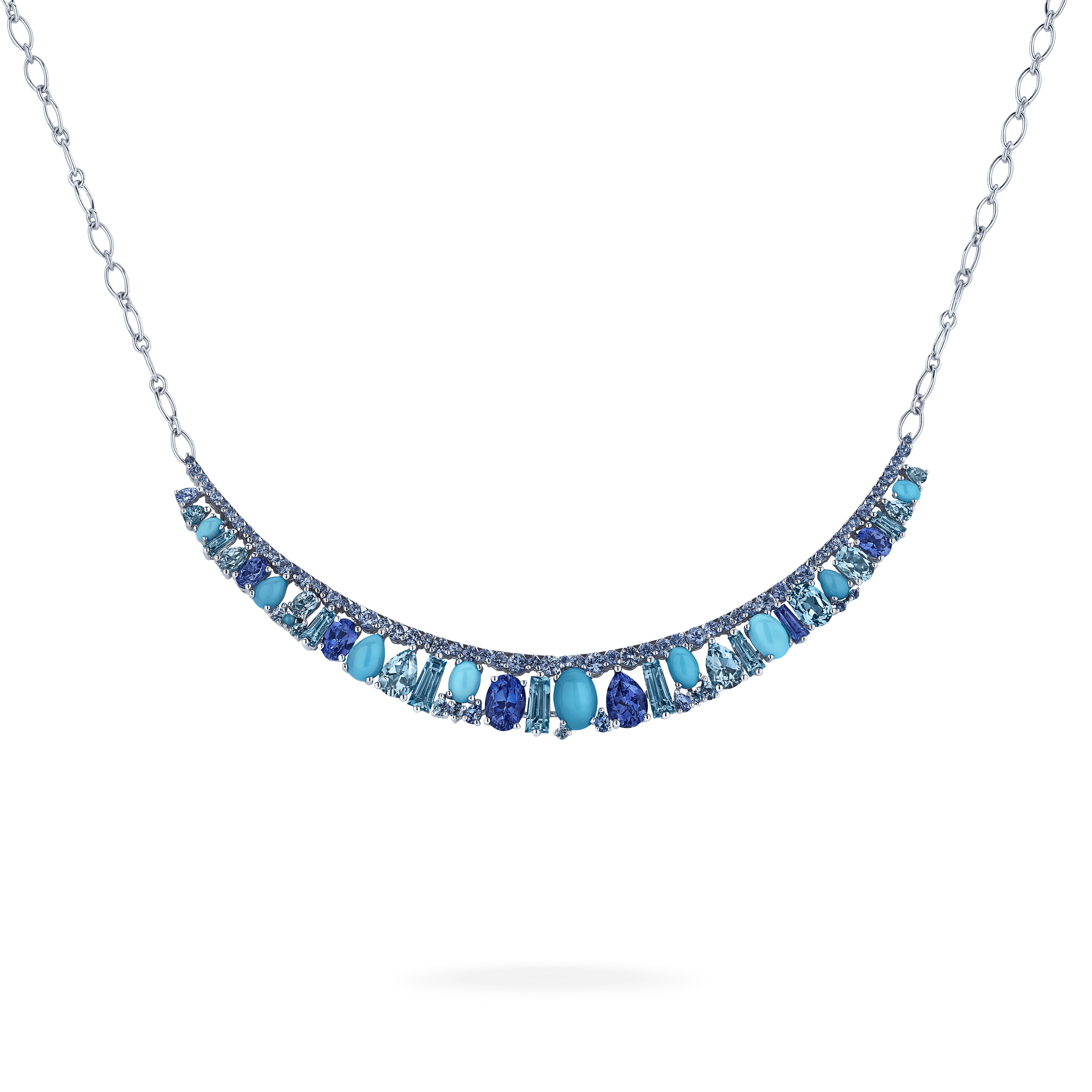 garrard Blaze Blue Sapphire Tanzanite Aquamarine Blue Topaz And Turquoise Necklace In 18ct White Gold