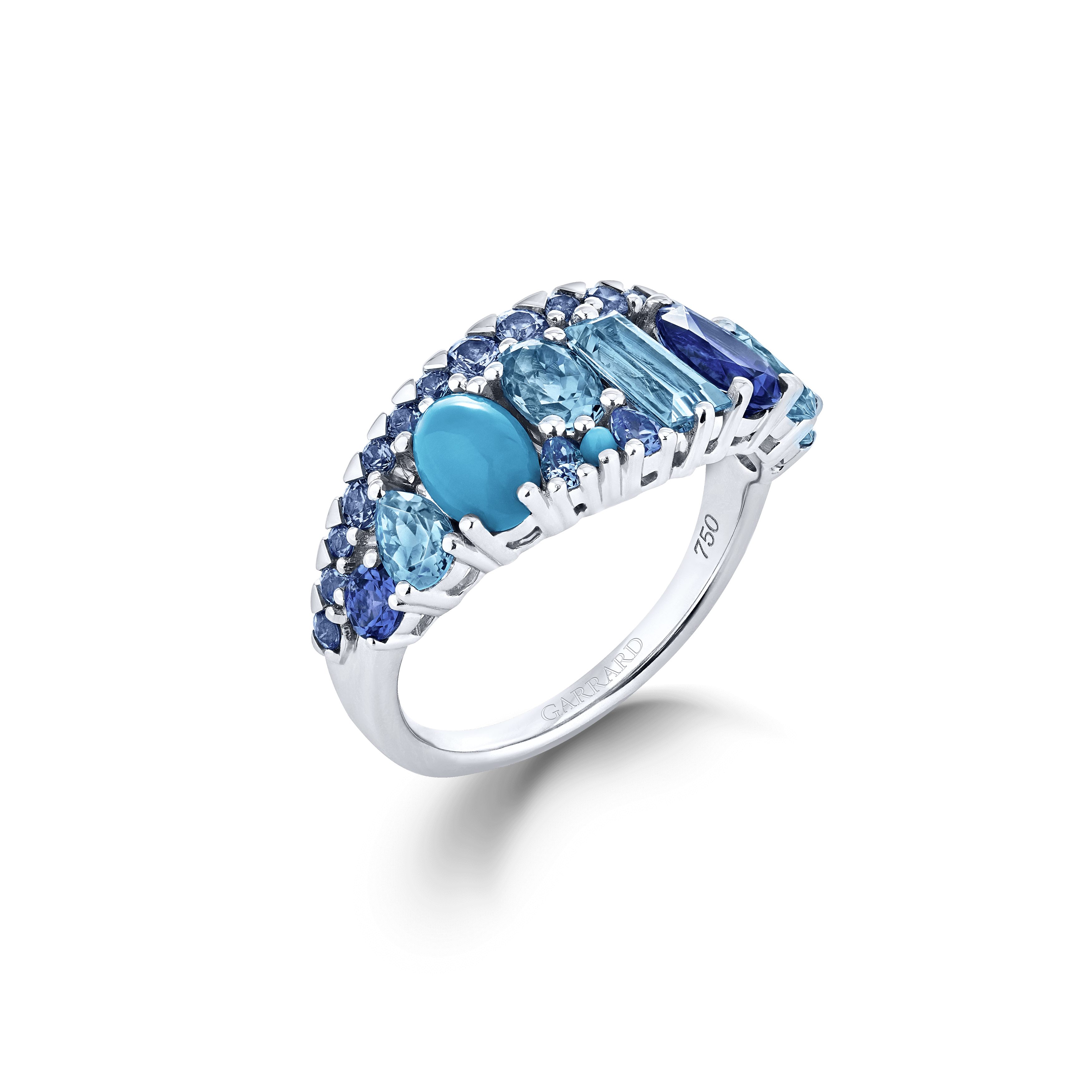 garrard Blaze Blue Sapphire Tanzanite Aquamarine Blue Topaz And Turquoise Band Ring In 18ct White Gold