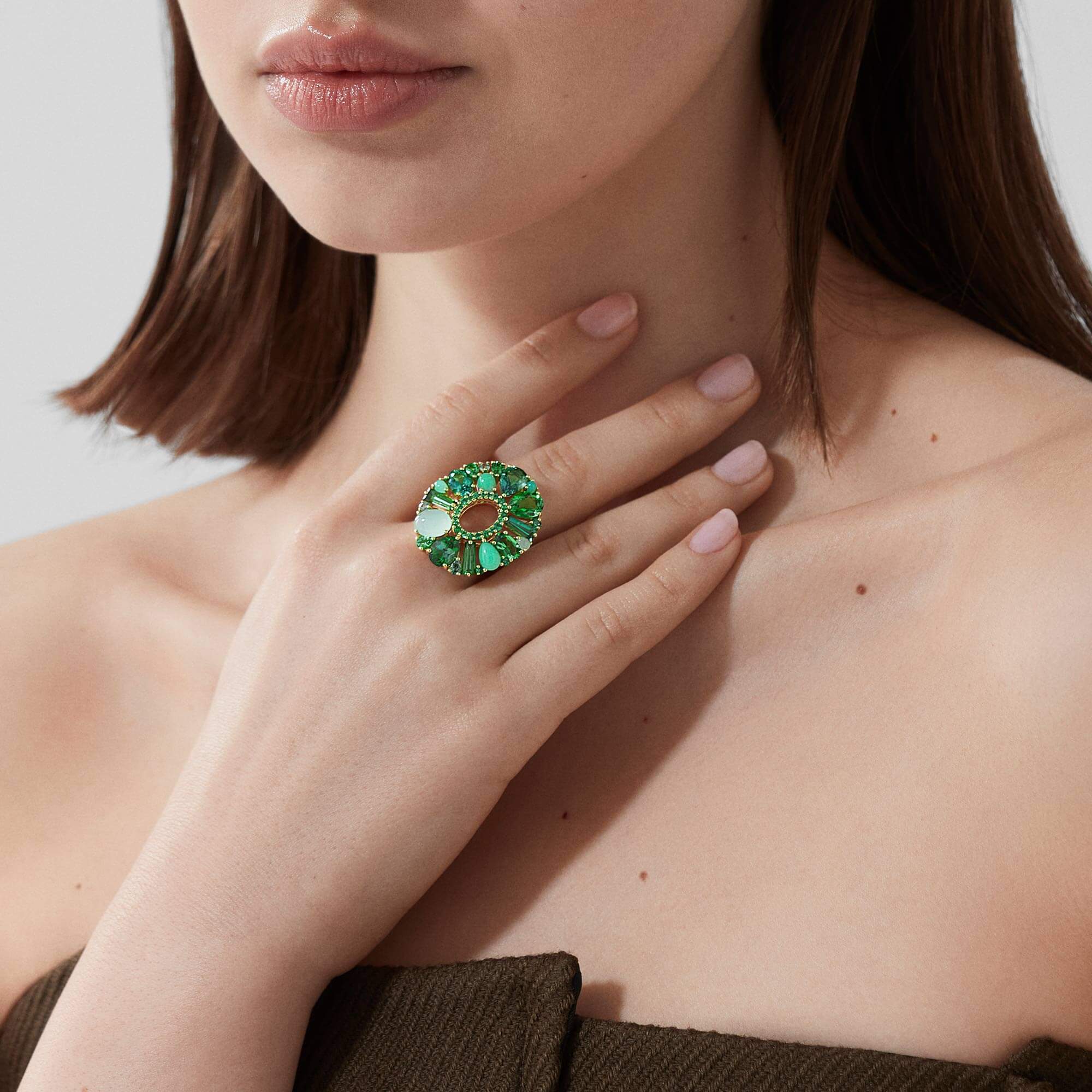 Garrard Blaze Green Sapphire Green Tourmaline Tsavorite And Chrysoprase Cocktail Ring In 18ct Yellow Gold