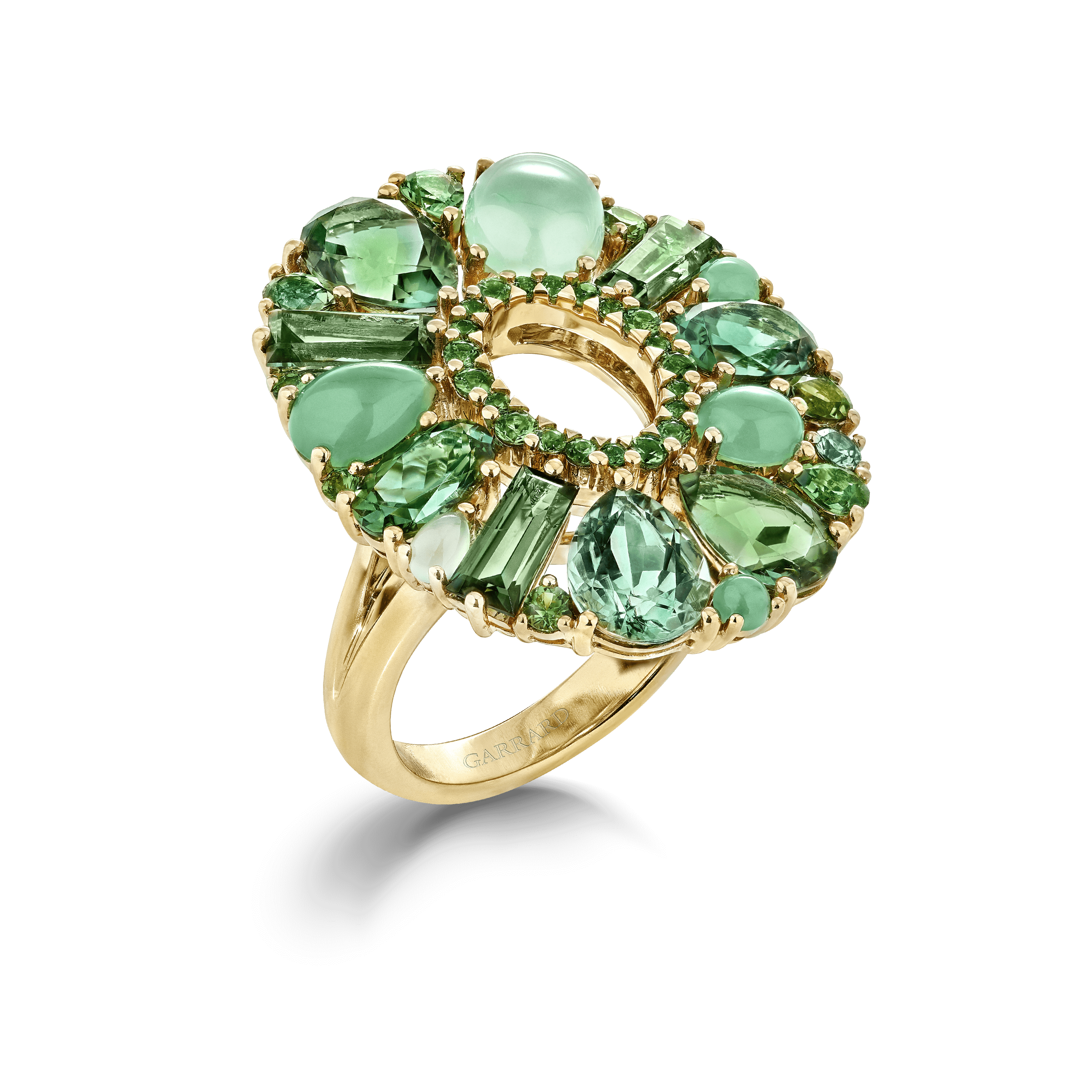 garrard Blaze Green Sapphire Green Tourmaline Tsavorite And Chrysoprase Cocktail Ring In 18ct Yellow Gold