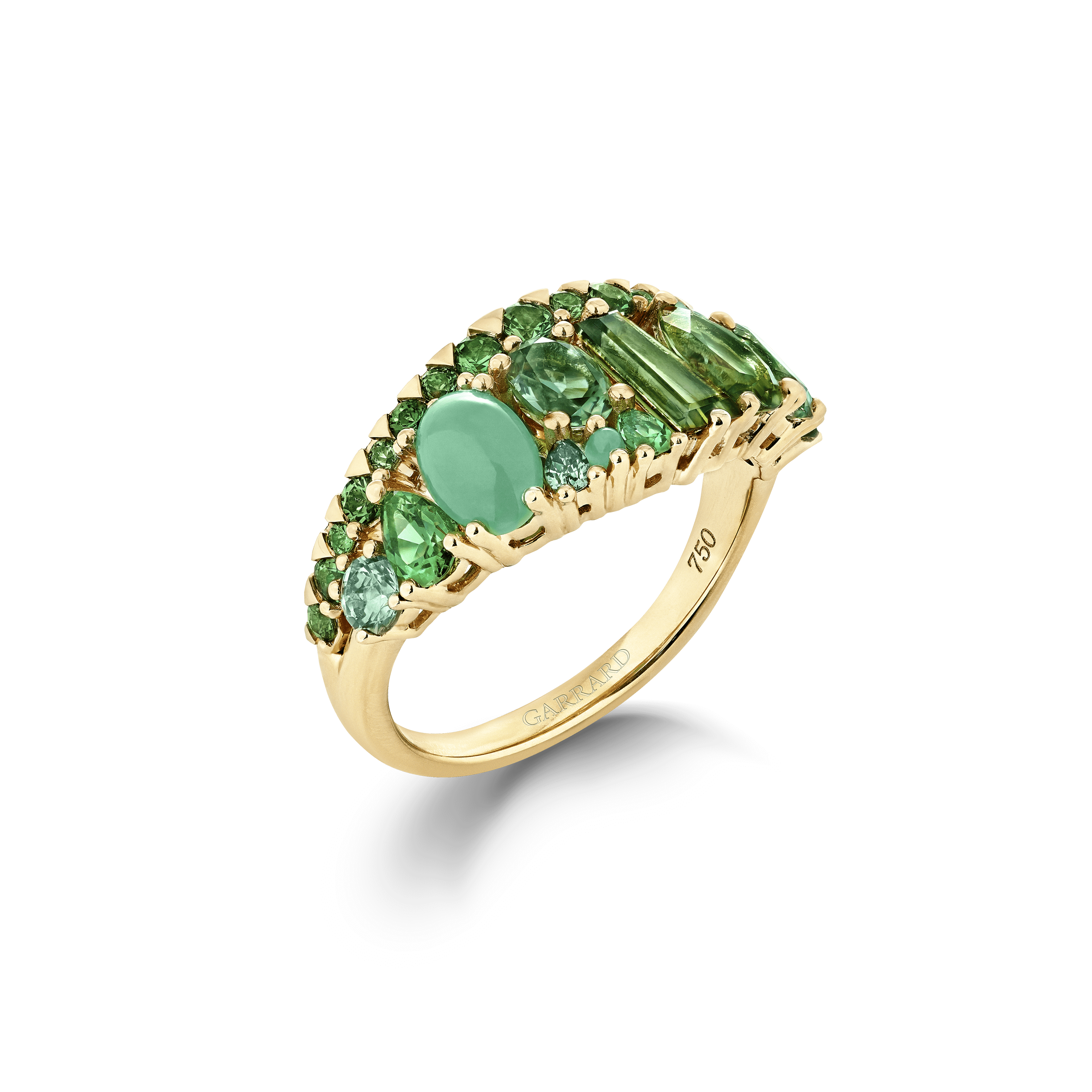 garrard Blaze Green Sapphire Green Tourmaline Tsavorite And Chrysoprase Band Ring In 18ct Yellow Gold