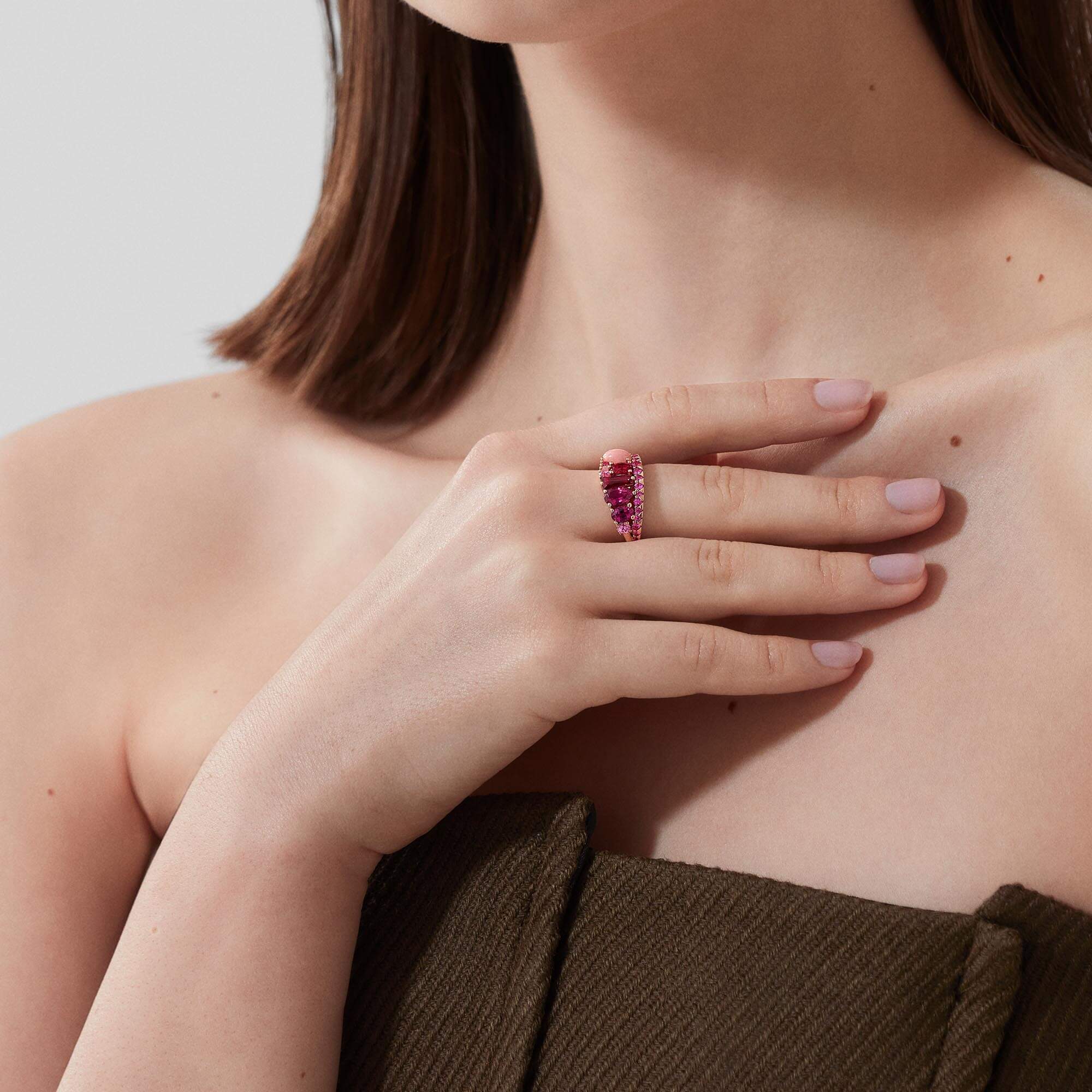 Garrard Blaze Pink Sapphire Rubellite And Pink Opal Band Ring In 18ct Rose Gold