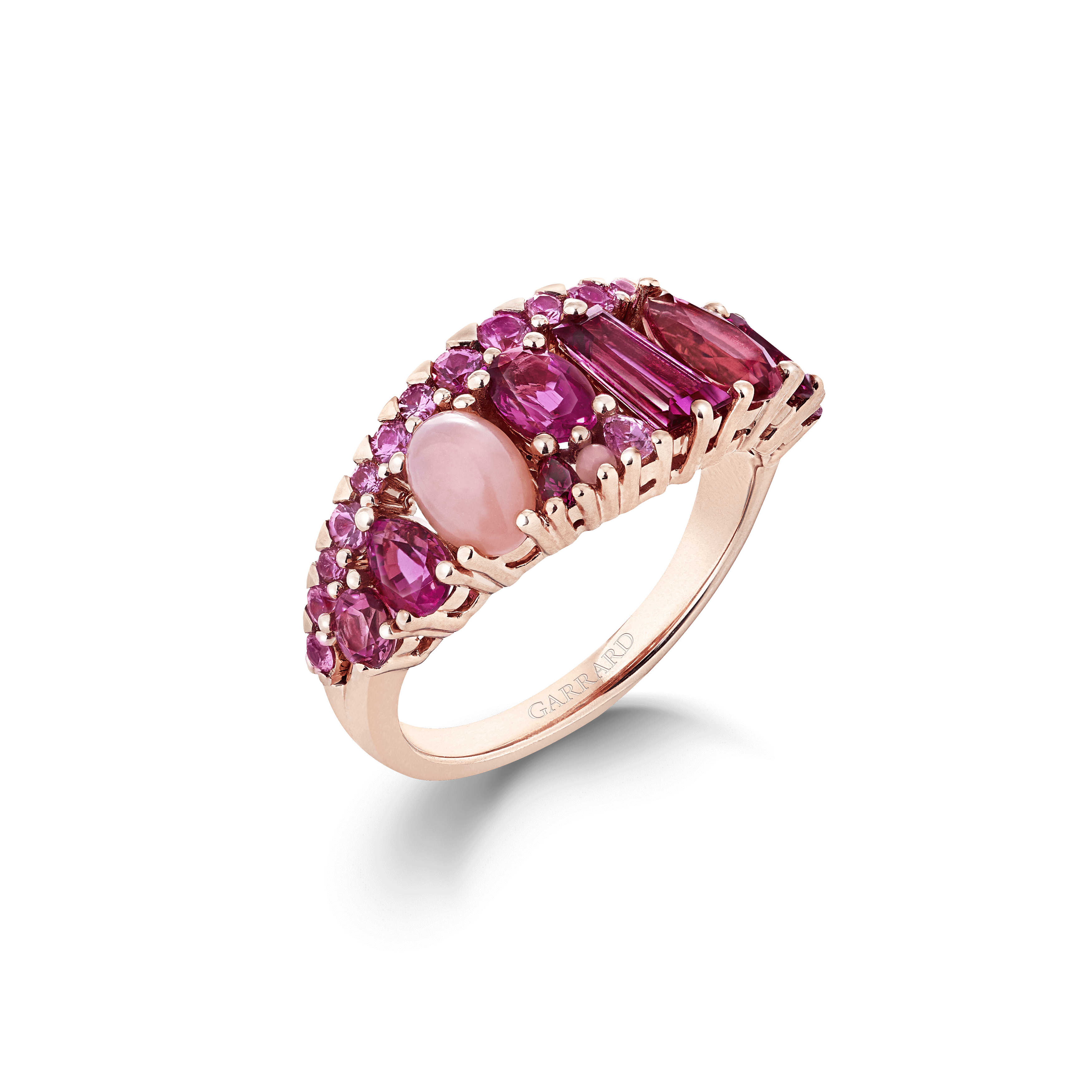 garrard Blaze Pink Sapphire Rubellite And Pink Opal Band Ring In 18ct Rose Gold