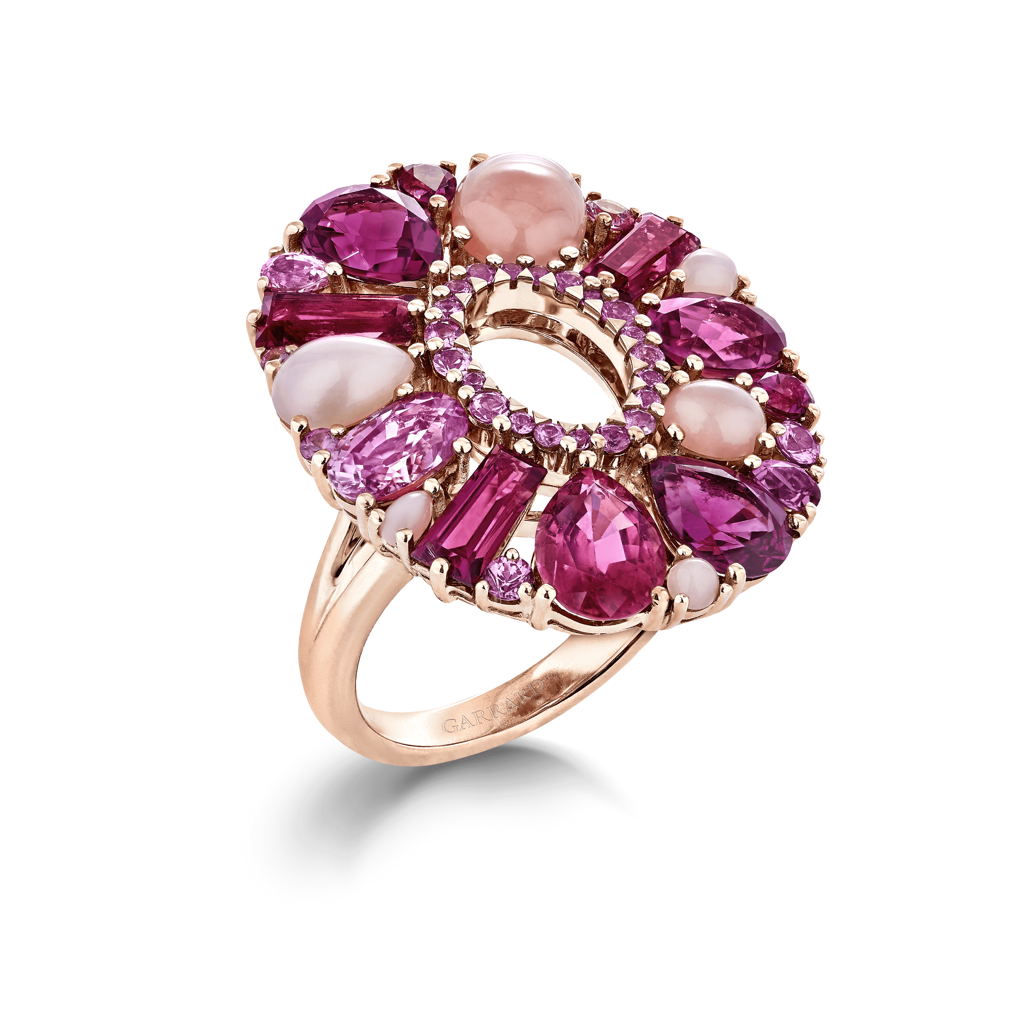 garrard Blaze Pink Sapphire Rubellite And Pink Opal Cocktail Ring In 18ct Rose Gold