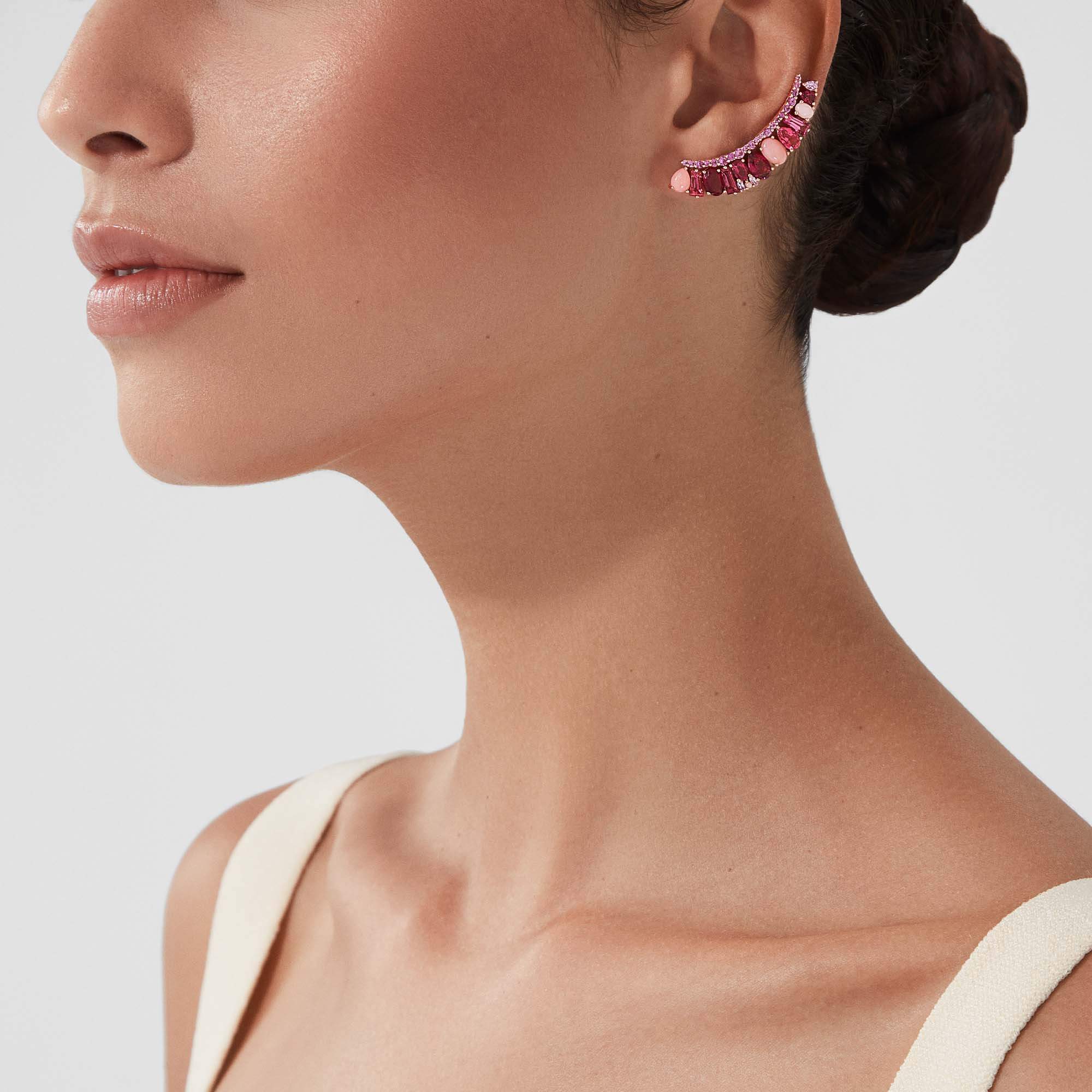 Garrard Blaze Pink Sapphire Rubellite And Pink Opal Ear Climbers In 18ct Rose Gold