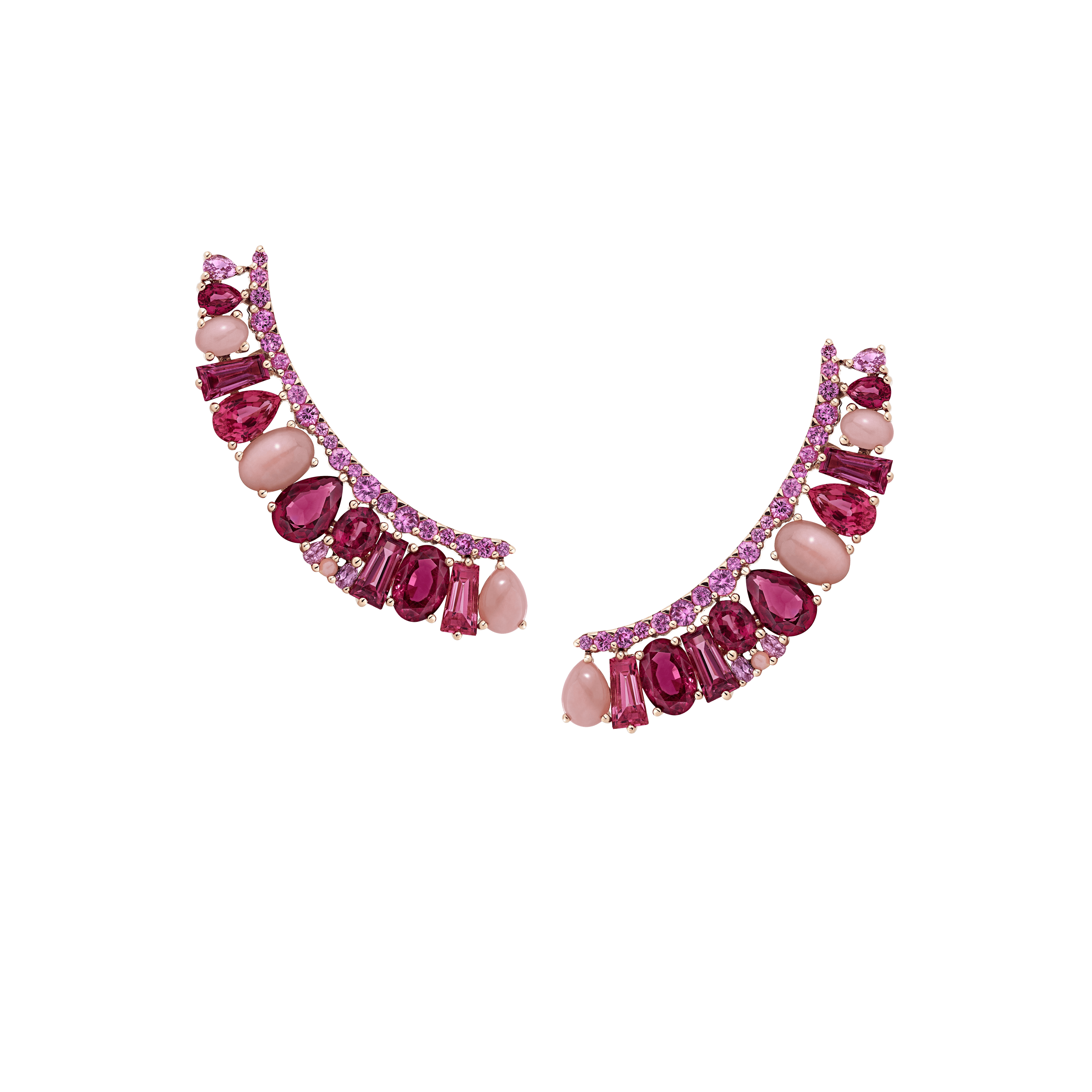 garrard Blaze Pink Sapphire Rubellite And Pink Opal Ear Climbers In 18ct Rose Gold
