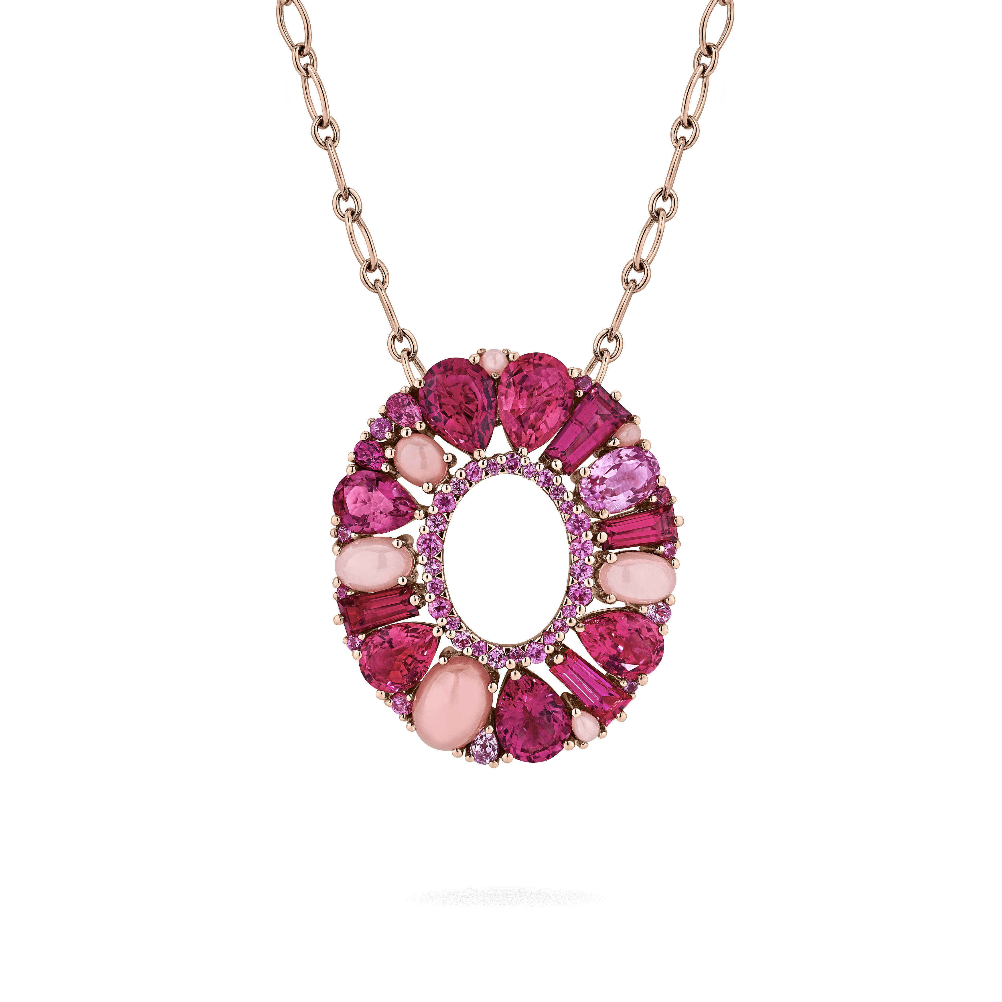 garrard Blaze Pink Sapphire Rubellite And Pink Opal Pendant In 18ct Rose Gold