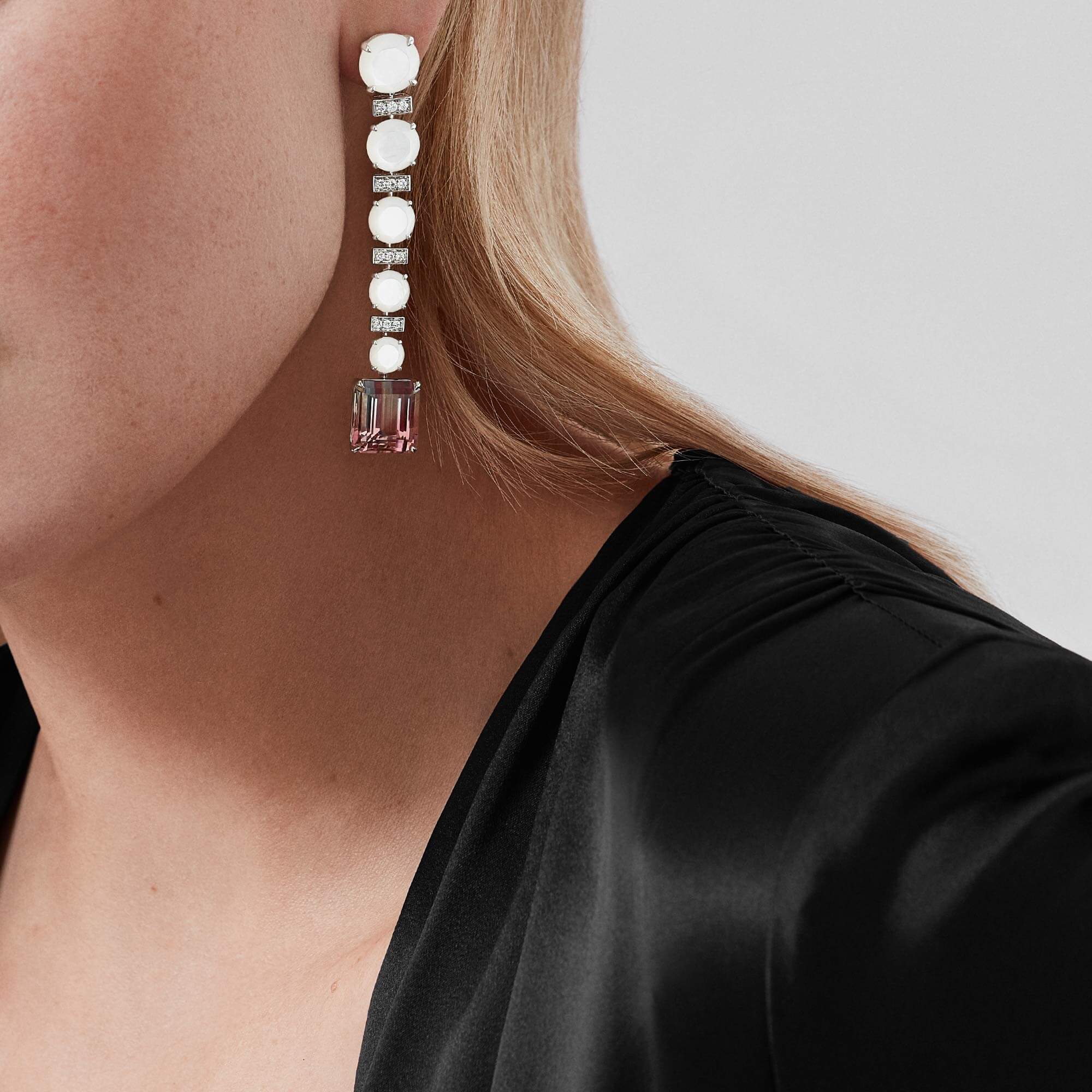 Garrard Couture Desert Rose Drop Earrings In 18ct White Gold With Bi-Colour Tourmalines Diamonds And Mother Of Pearl