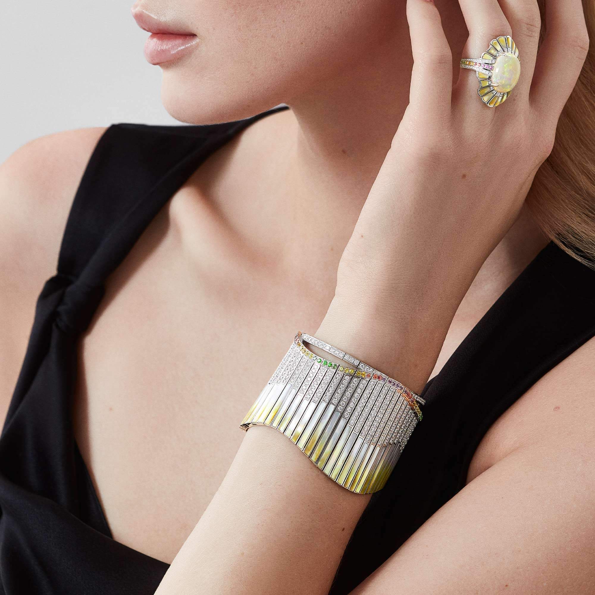 Garrard Couture Northern Lights Bracelet In 18ct White Gold With Sapphires Tsavorites Diamonds And Mother Of Pearl