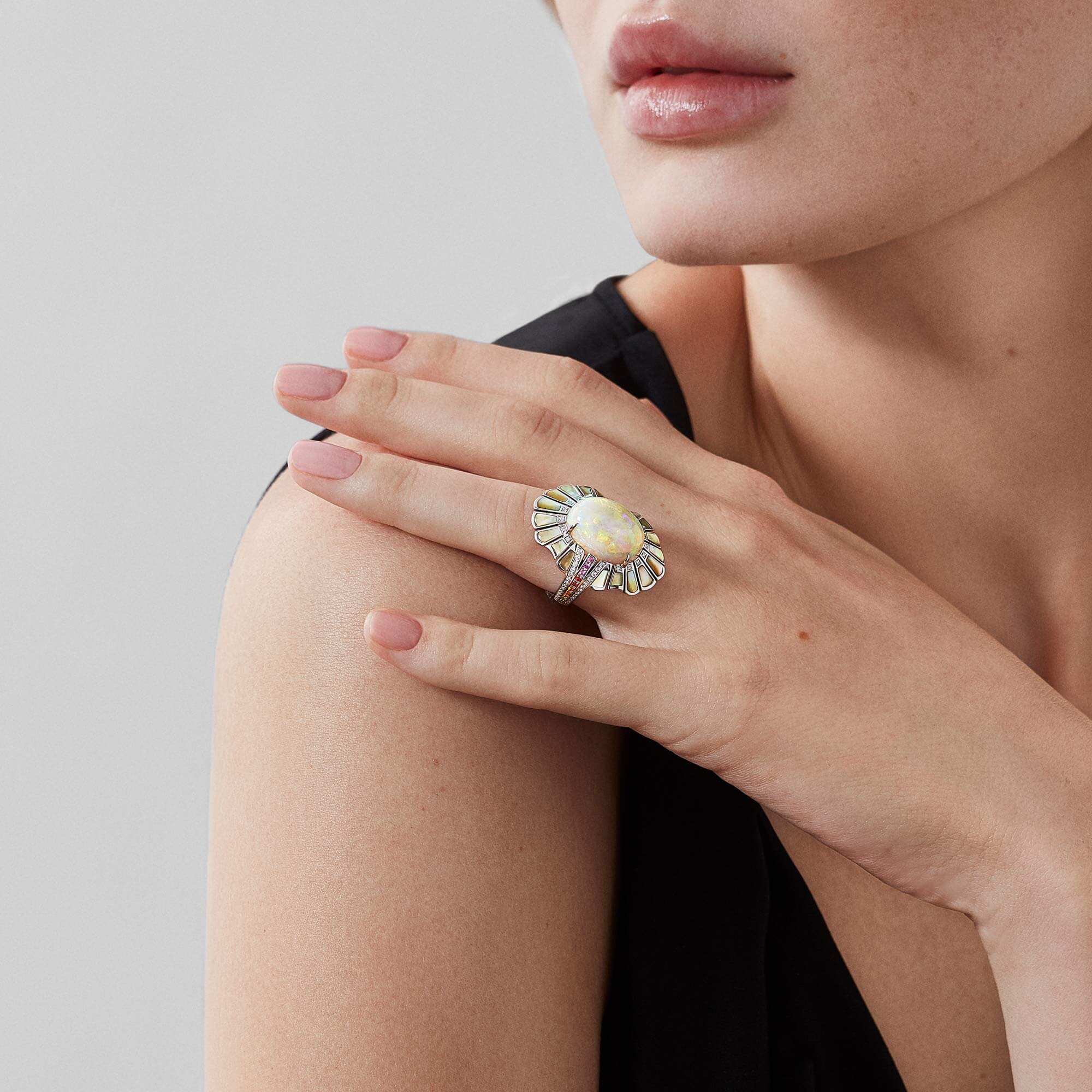 Garrard Couture Northern Lights Cocktail Ring In 18ct White Gold With Opal Sapphires Tsavorites Diamonds And Mother Of Pearl
