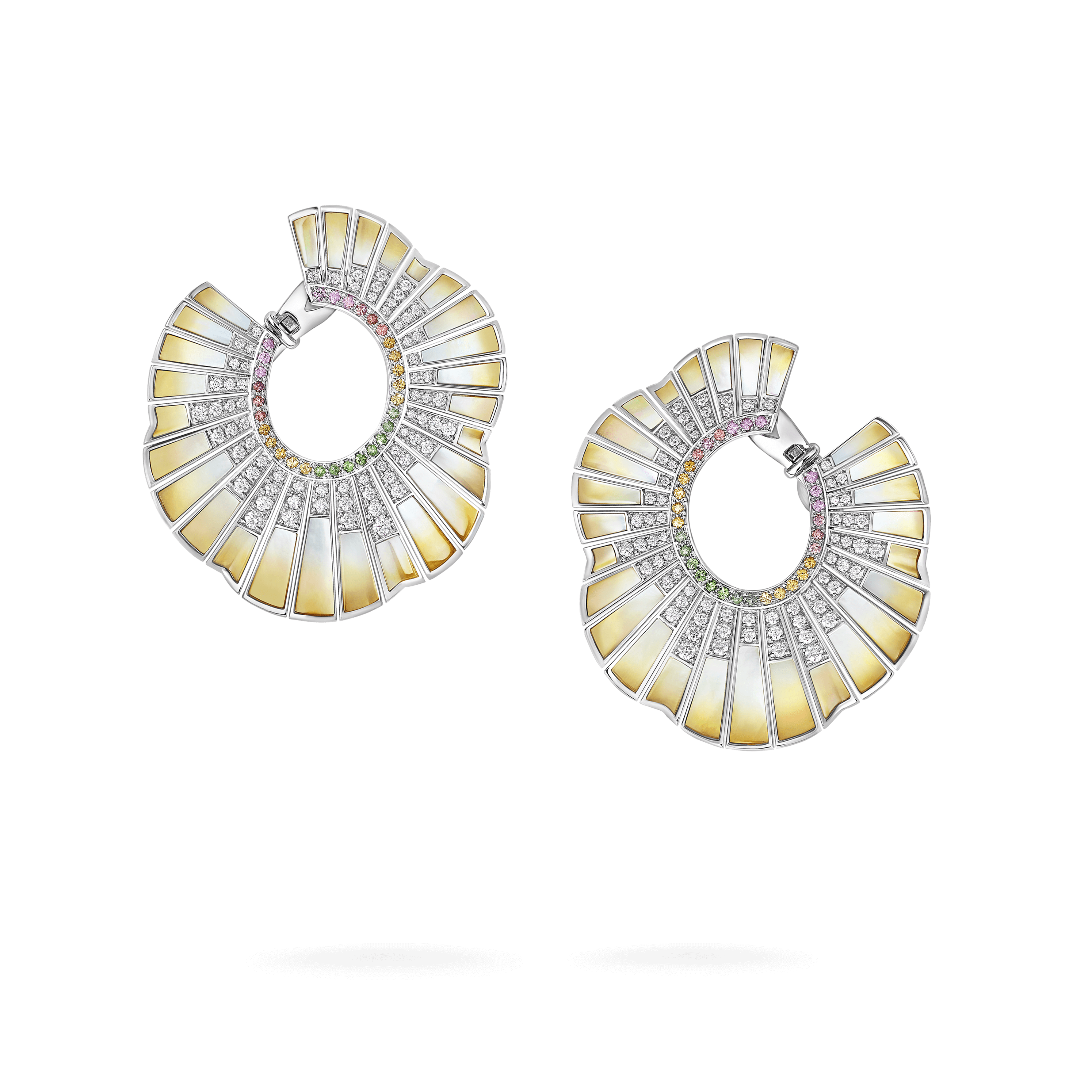 garrard Couture Northern Lights Earrings In 18ct White Gold with Sapphires Tsavorites Diamonds and Mother of Pearl