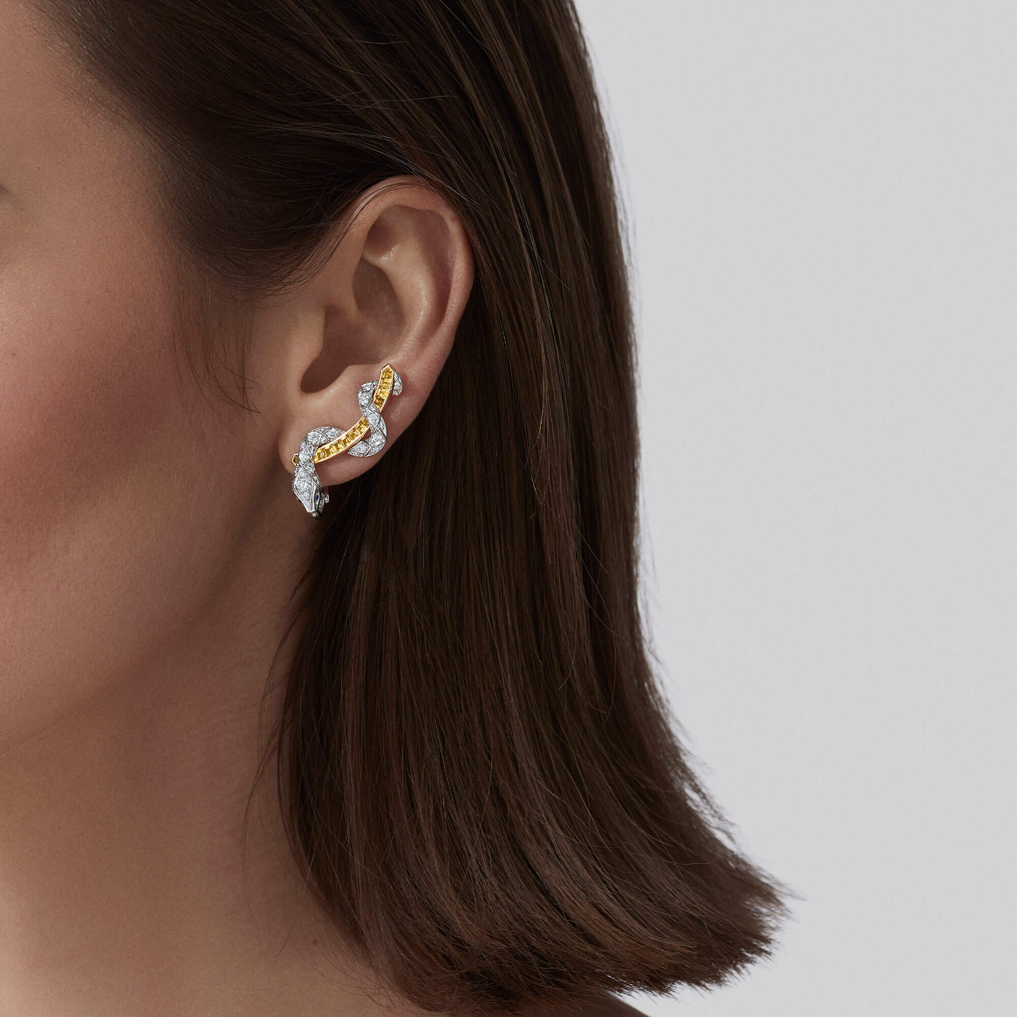 Garrard Enchanted Palace Serpent Yellow Sapphire And Diamond Ear Climbers In 18ct White Gold With Blue Sapphires