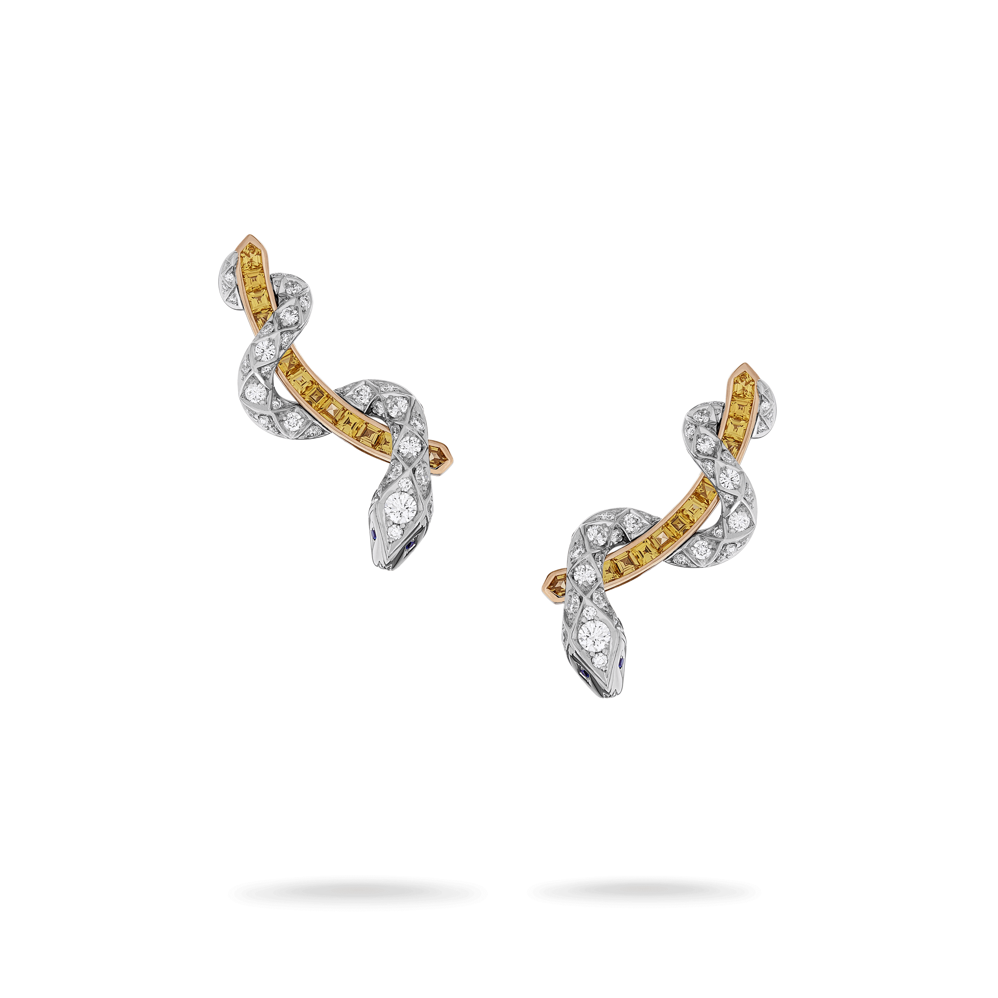 garrard Enchanted Palace Serpent Yellow Sapphire and Diamond Ear Climbers In 18ct White Gold with Blue Sapphires