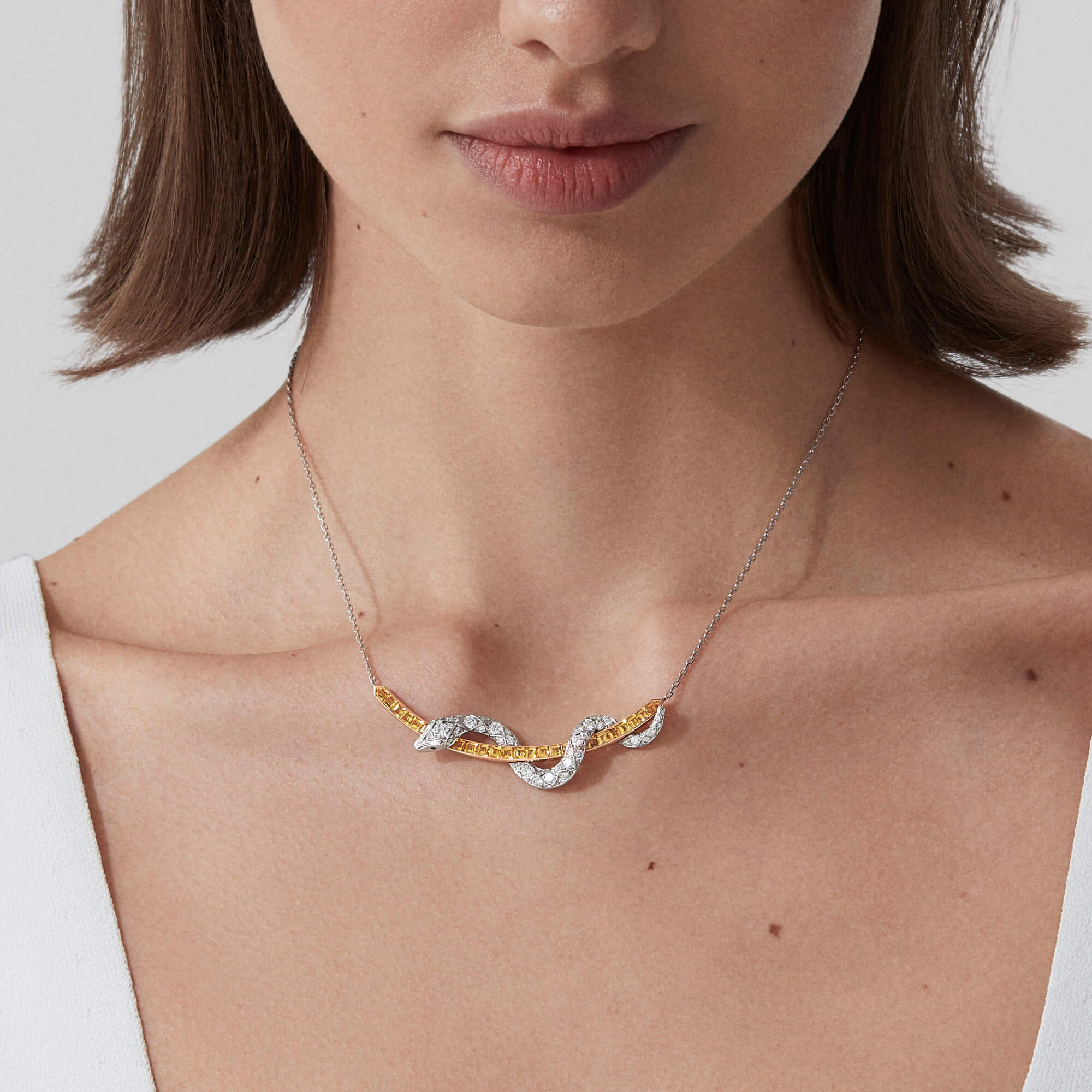 Garrard Enchanted Palace Serpent Yellow Sapphire And Diamond Necklace In 18ct White Gold With Blue Sapphires