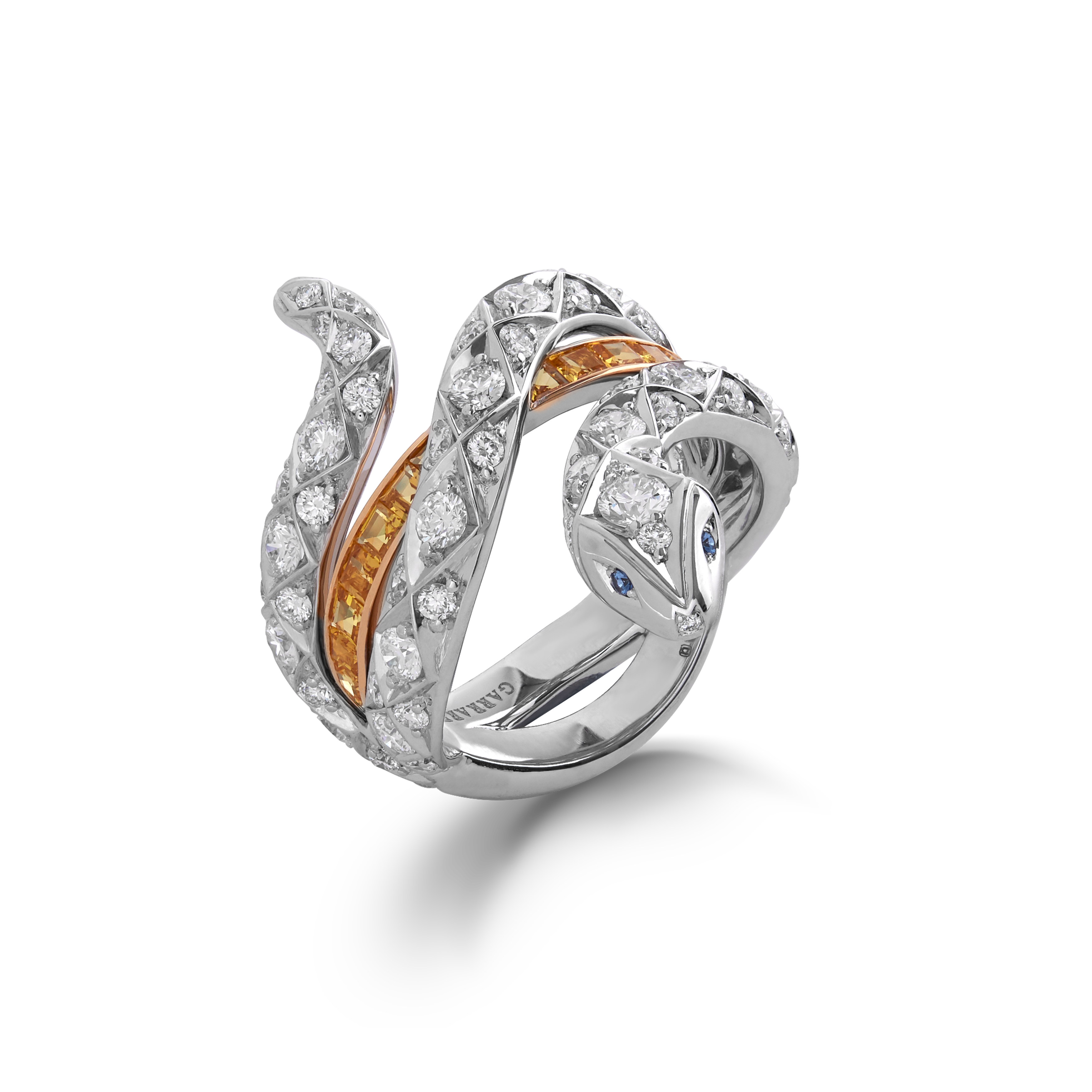garrard Enchanted Palace Serpent Yellow Sapphire and Diamond Ring In 18ct White and Yellow Gold with Blue Sapphires