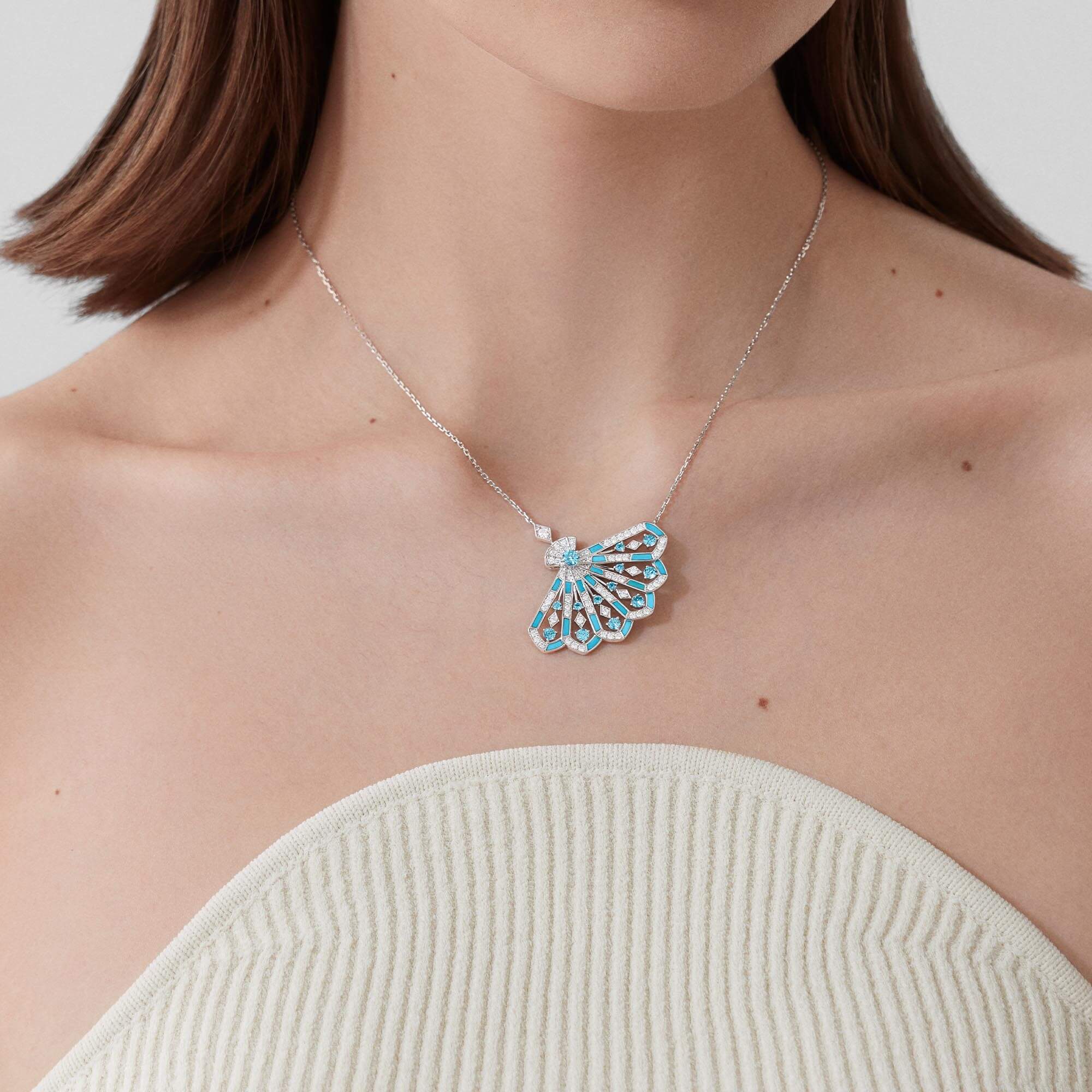 Garrard Fanfare Symphony Diamond And Aquamarine Pendant In 18ct White Gold With Turquoise