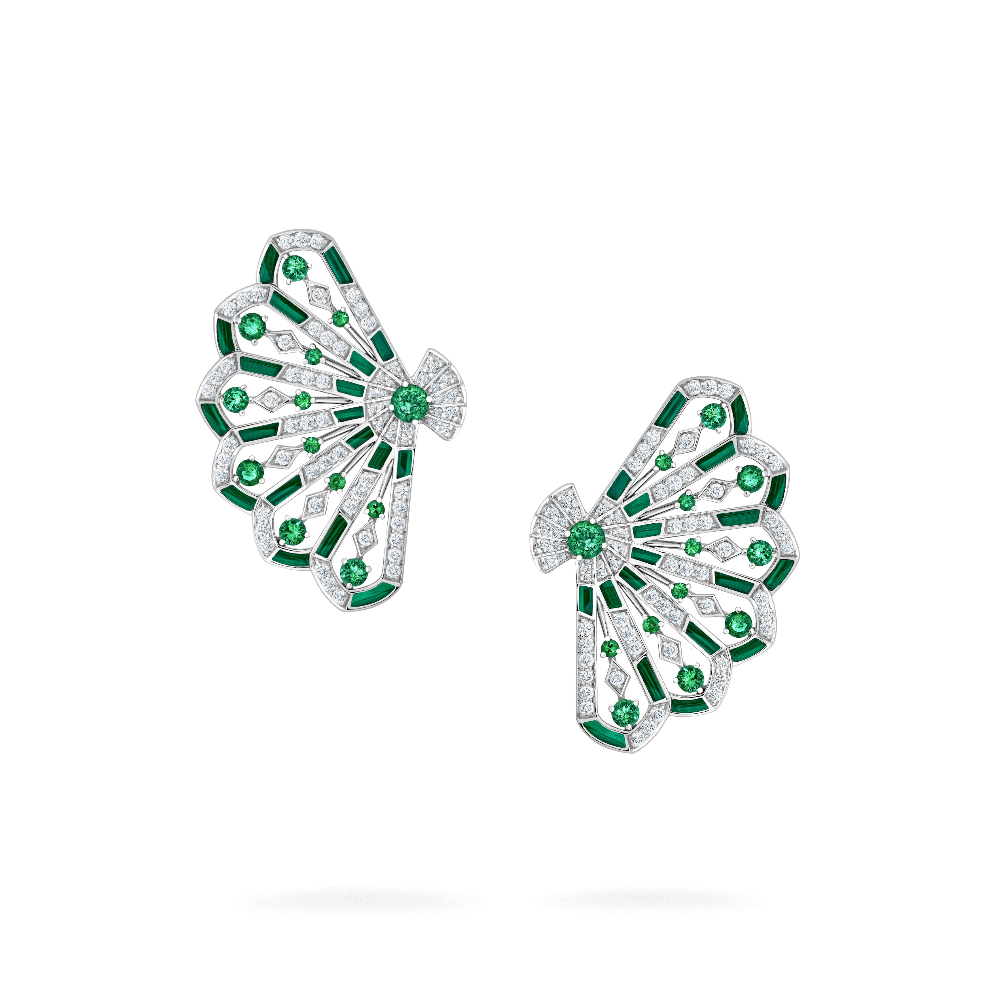 garrard Fanfare Symphony Diamond and Emerald Earrings In 18ct White Gold with Malachite