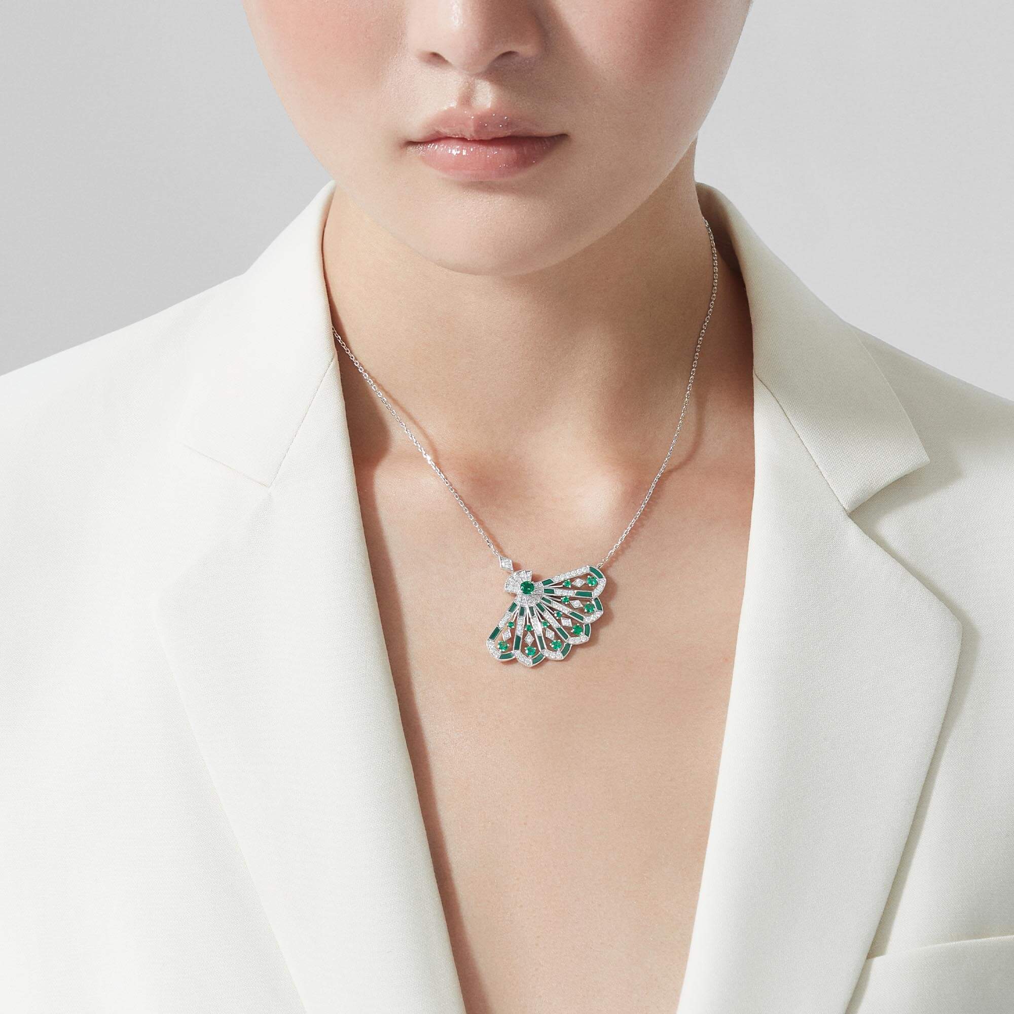 Garrard Fanfare Symphony Diamond And Emerald Pendant In 18ct White Gold With Malachite