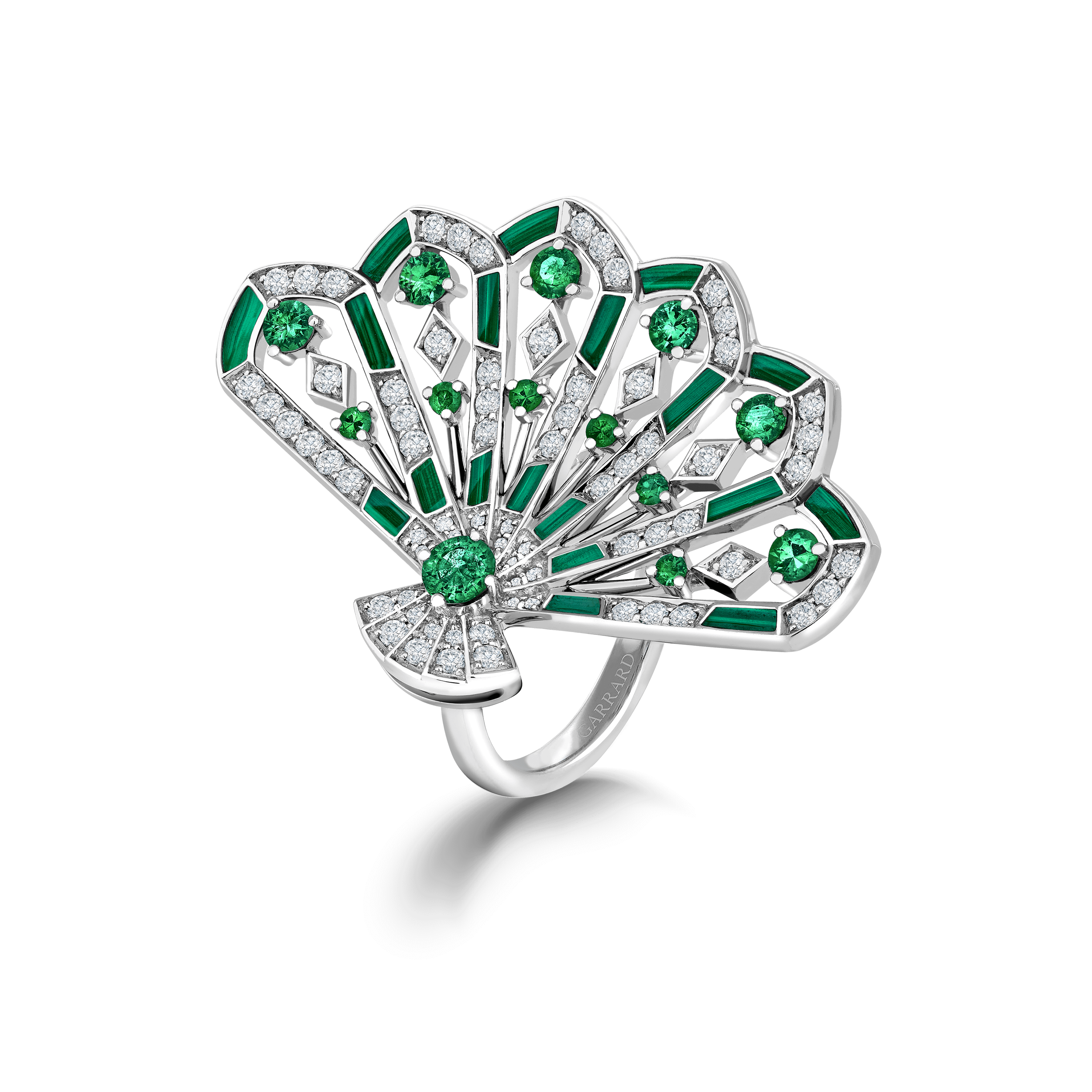garrard Fanfare Symphony Diamond and Emerald Ring In 18ct White Gold with Malachite