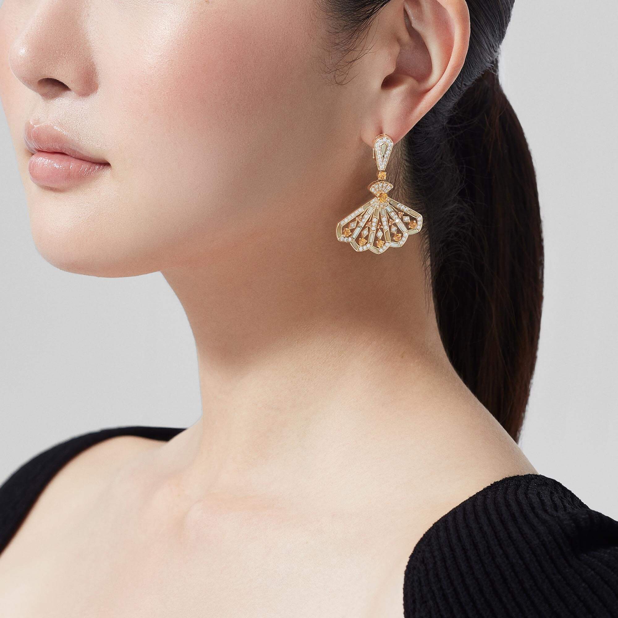 Garrard Fanfare Symphony Diamond And Orange Sapphire Drop Earrings In 18ct Yellow Gold With Golden Mother Of Pearl