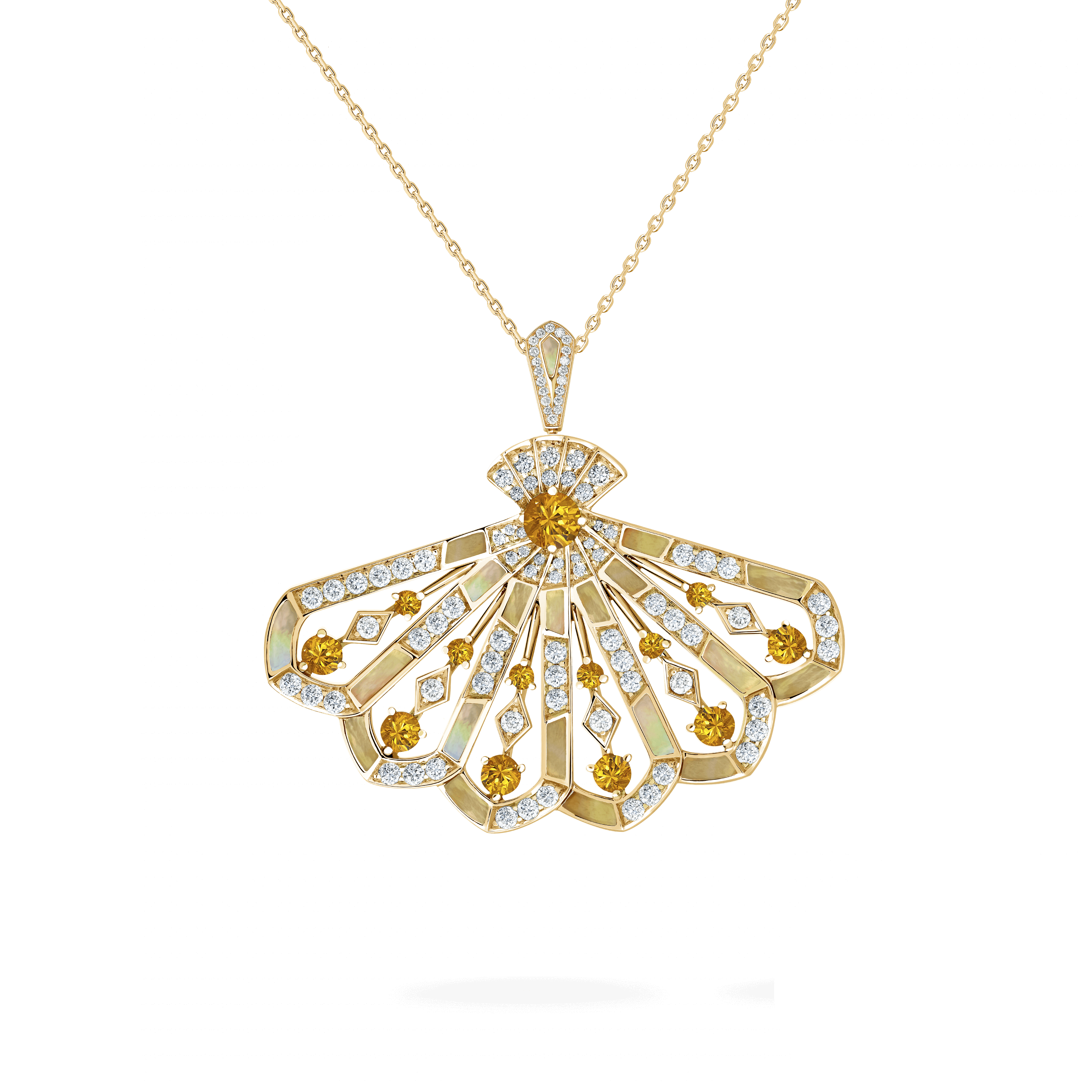 garrard Fanfare Symphony Diamond and Orange Sapphire Drop Pendant In 18ct Yellow Gold with Golden Mother of Pearl