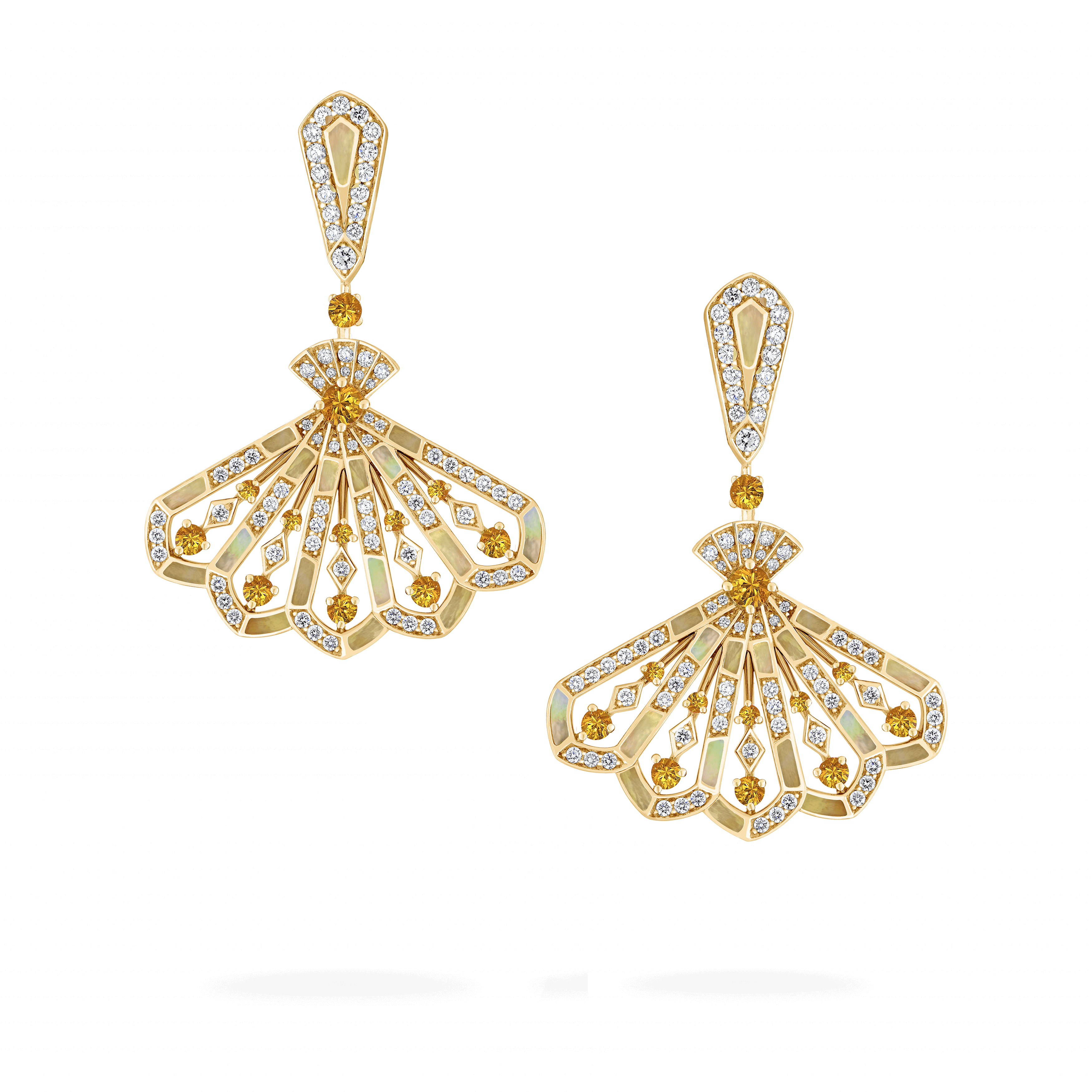 garrard Fanfare Symphony Diamond and Orange Sapphire Drop Earrings In 18ct Yellow Gold with Golden Mother of Pearl