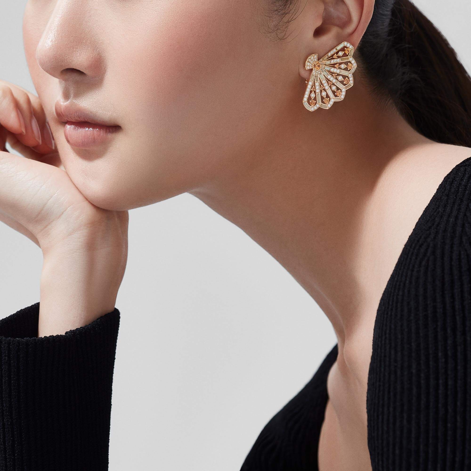 Garrard Fanfare Symphony Diamond And Orange Sapphire Earrings In 18ct Yellow Gold With Golden Mother Of Pearl