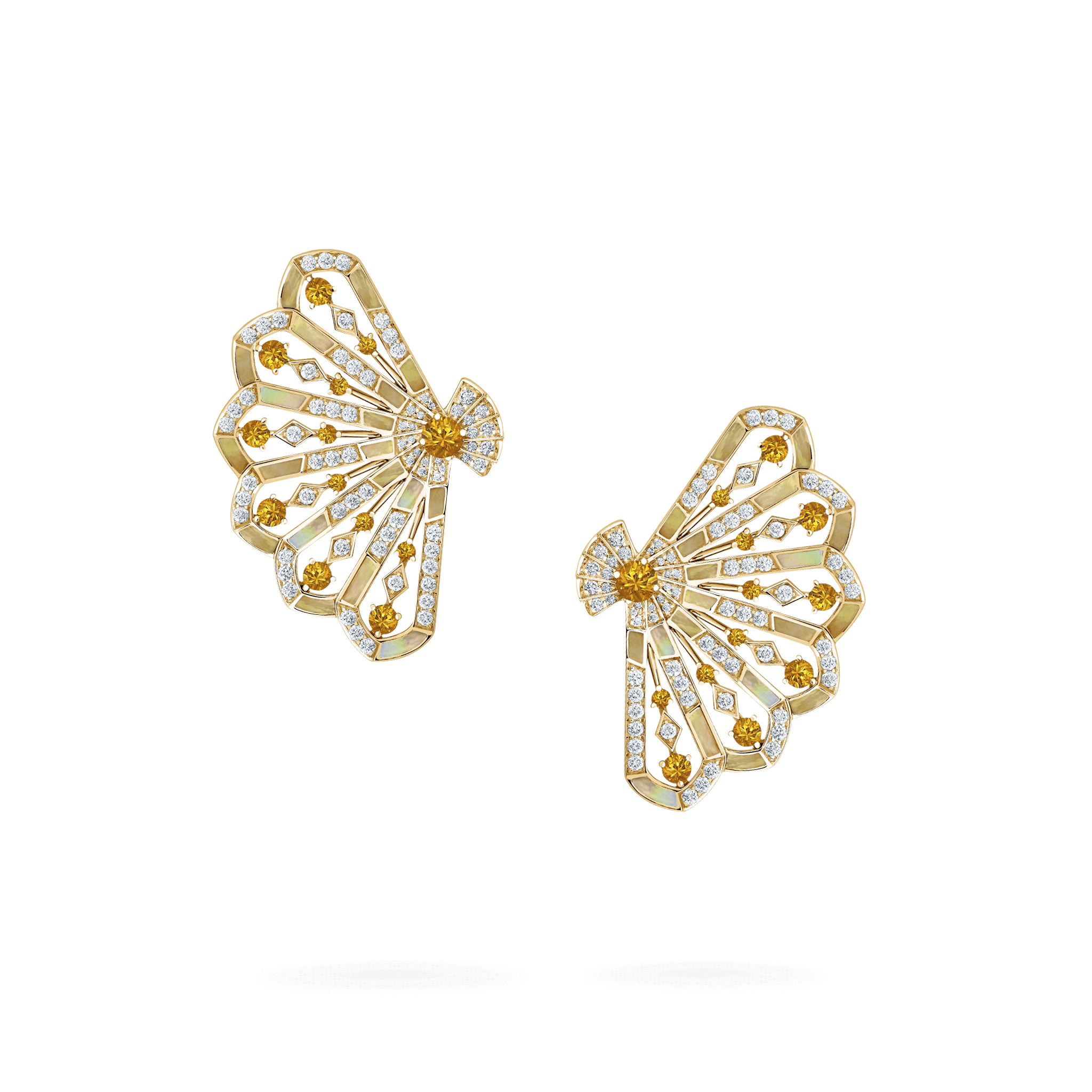 garrard Fanfare Symphony Diamond and Orange Sapphire Earrings In 18ct Yellow Gold with Golden Mother of Pearl