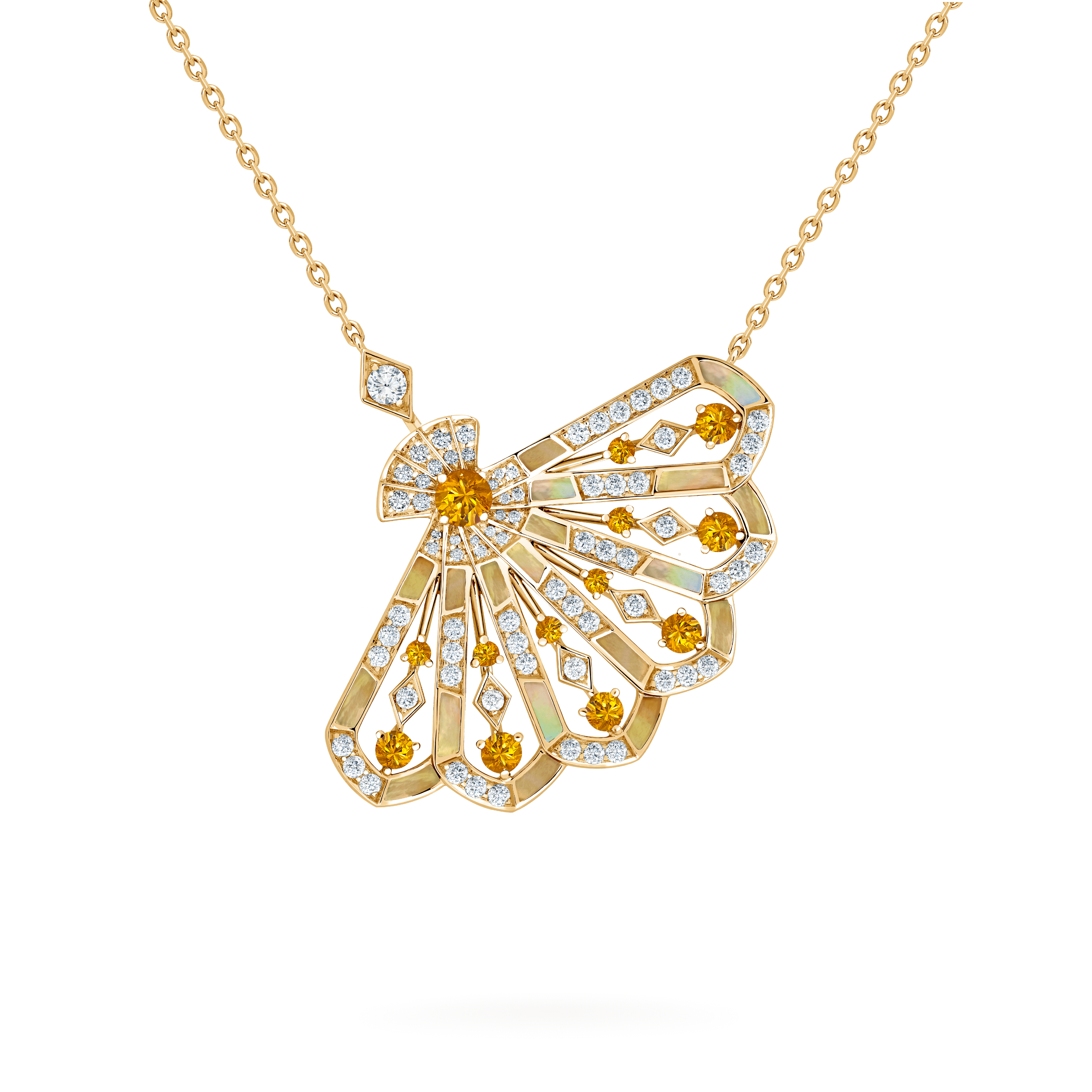 garrard Fanfare Symphony Diamond and Orange Sapphire Pendant In 18ct Yellow Gold with Golden Mother of Pearl