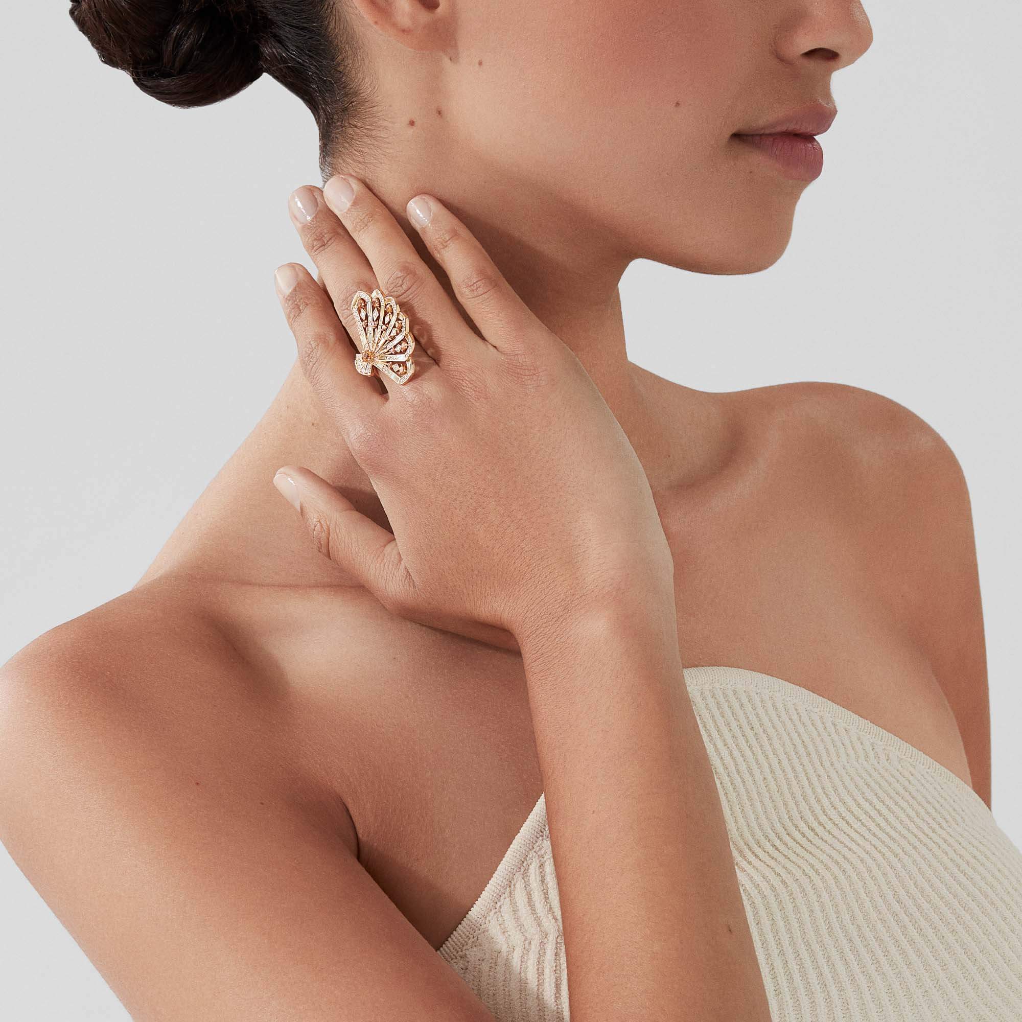 Garrard Fanfare Symphony Diamond And Orange Sapphire Ring In 18ct Yellow Gold With Golden Mother Of Pearl