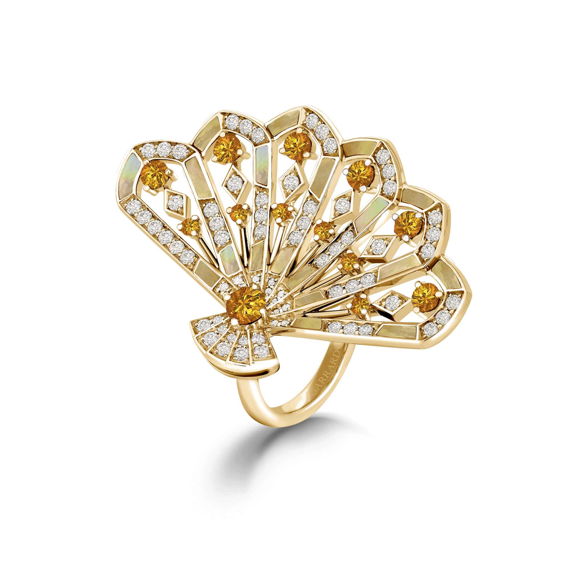 garrard Fanfare Symphony Diamond and Orange Sapphire Ring In 18ct Yellow Gold with Golden Mother of Pearl