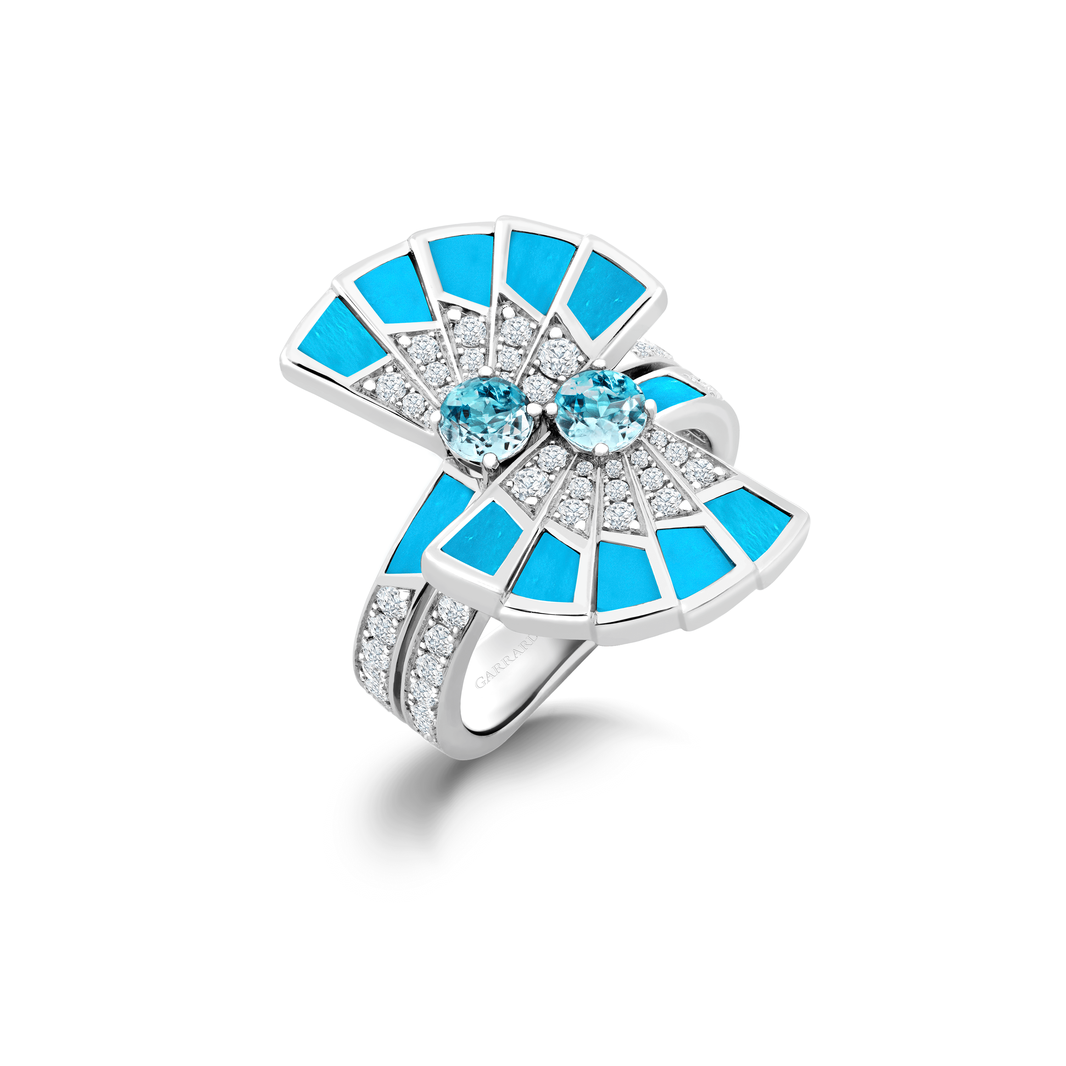 garrard Fanfare Symphony Double Aquamarine and Turquoise Ring In 18ct White Gold with Diamonds