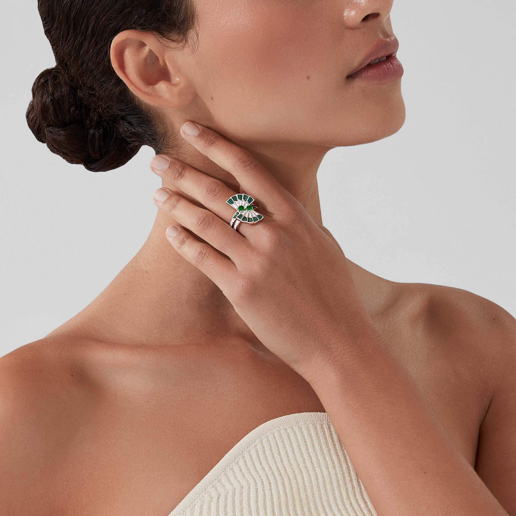 Garrard Fanfare Symphony Double Emerald And Malachite Ring In 18ct White Gold With Diamonds