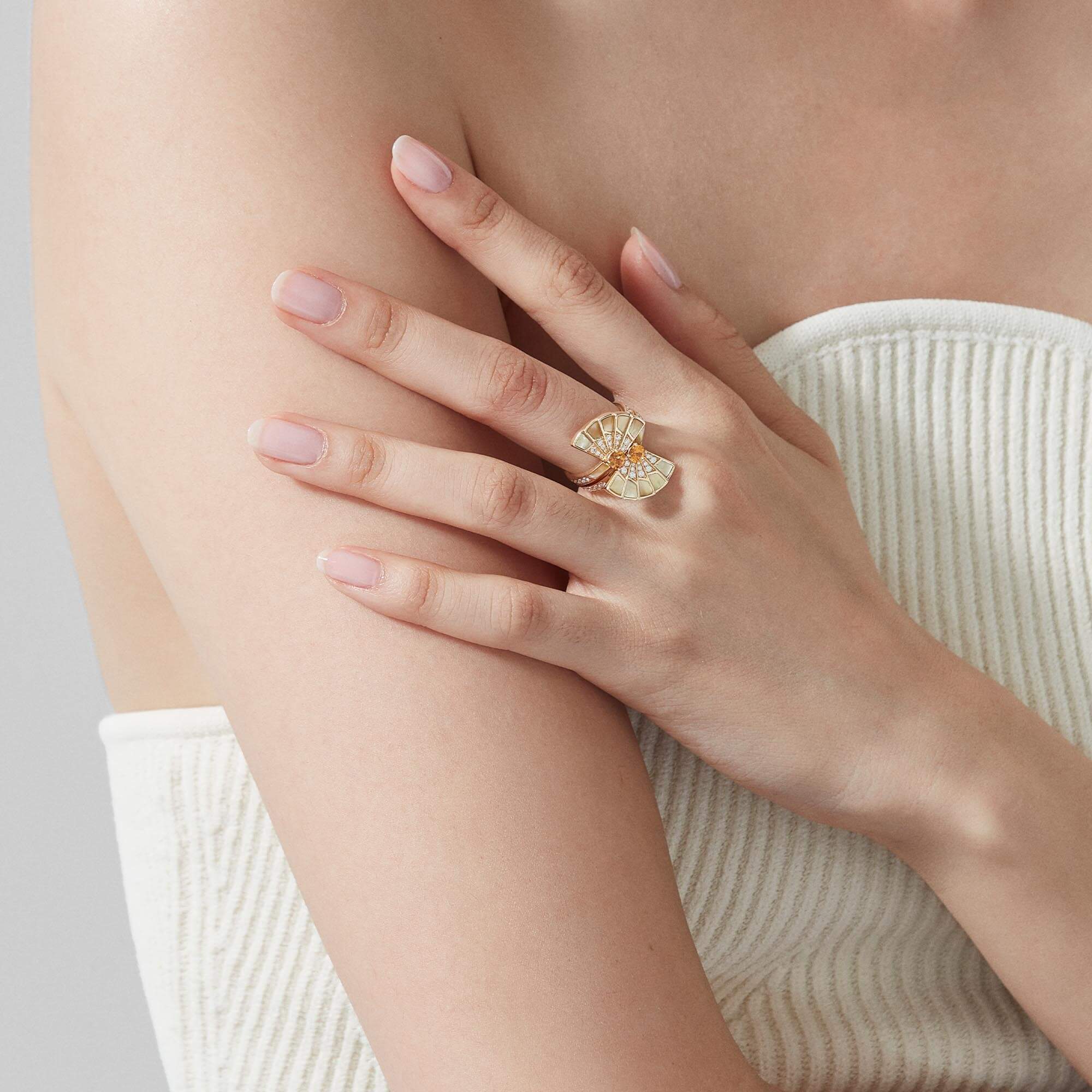 Garrard Fanfare Symphony Double Orange Sapphire And Golden Mother Of Pearl Ring In 18ct Yellow Gold With Diamonds