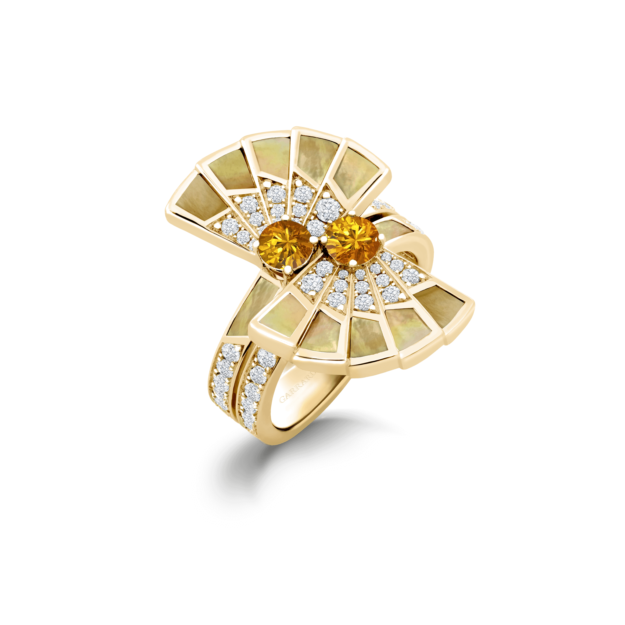 garrard Fanfare Symphony Double Orange Sapphire and Golden Mother of Pearl Ring In 18ct Yellow Gold with Diamonds