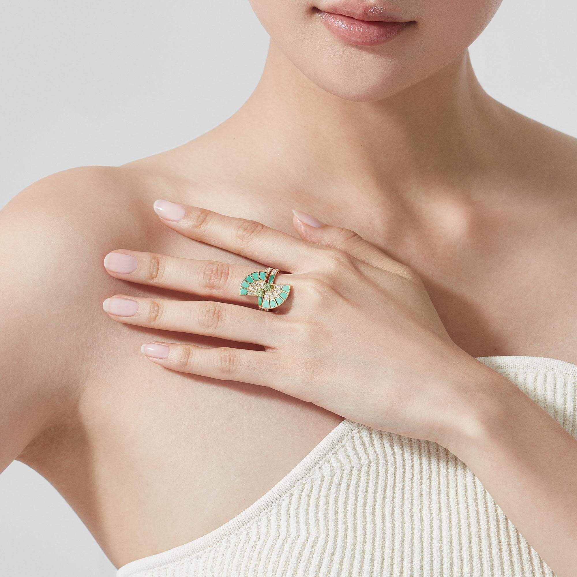 Garrard Fanfare Symphony Double Tsavorite And Apple Malachite Ring In 18ct Yellow Gold With Diamonds