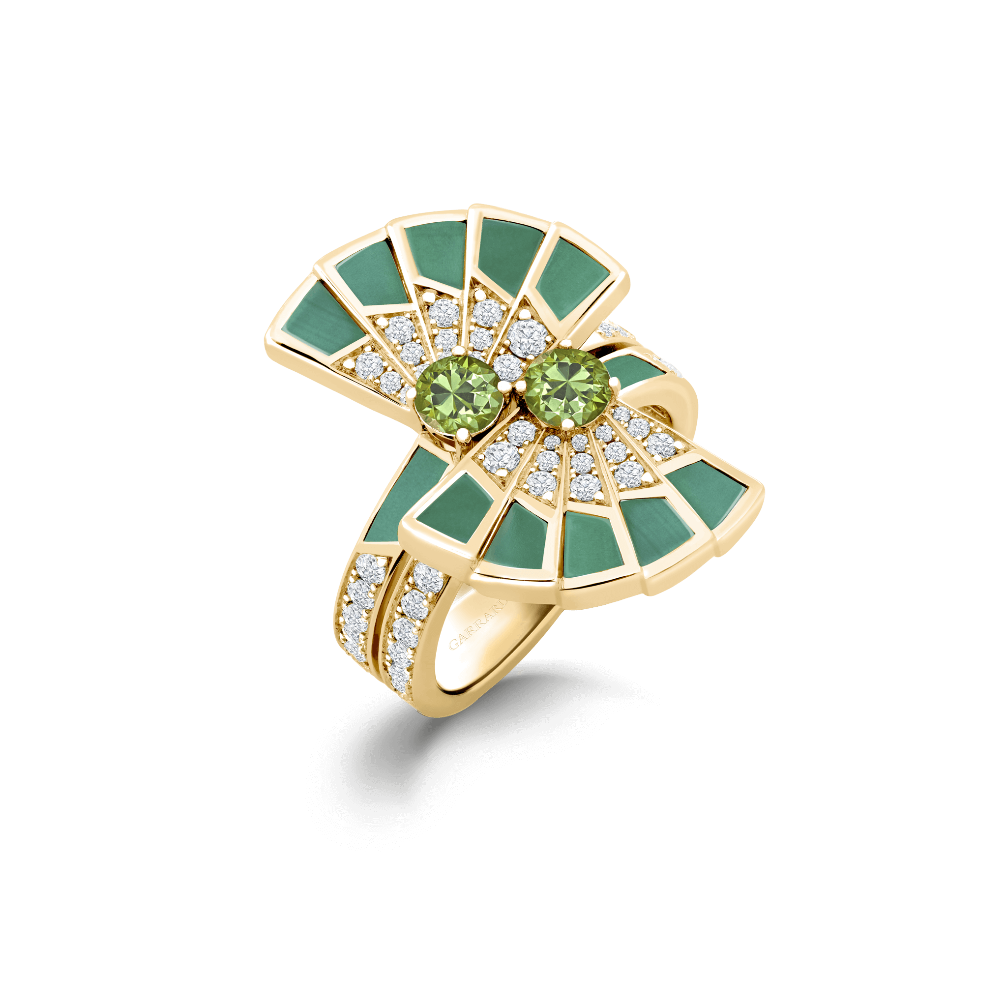 garrard Fanfare Symphony Double Tsavorite and Apple Malachite Ring In 18ct Yellow Gold with Diamonds