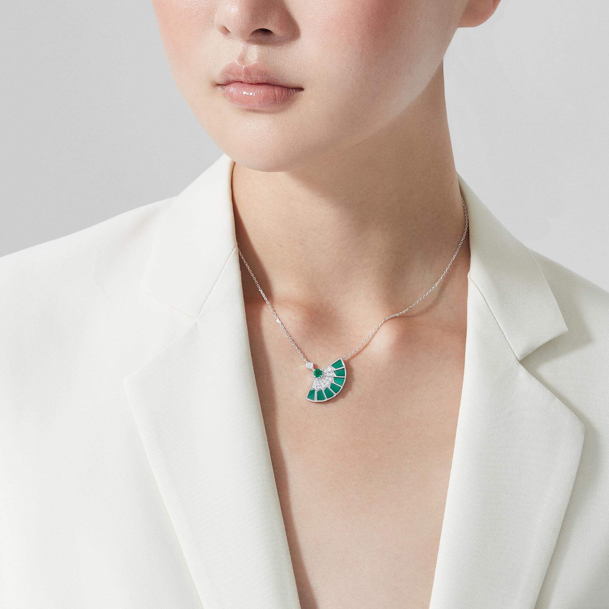 Garrard Fanfare Symphony Emerald And Malachite Pendant In 18ct White Gold With Diamonds