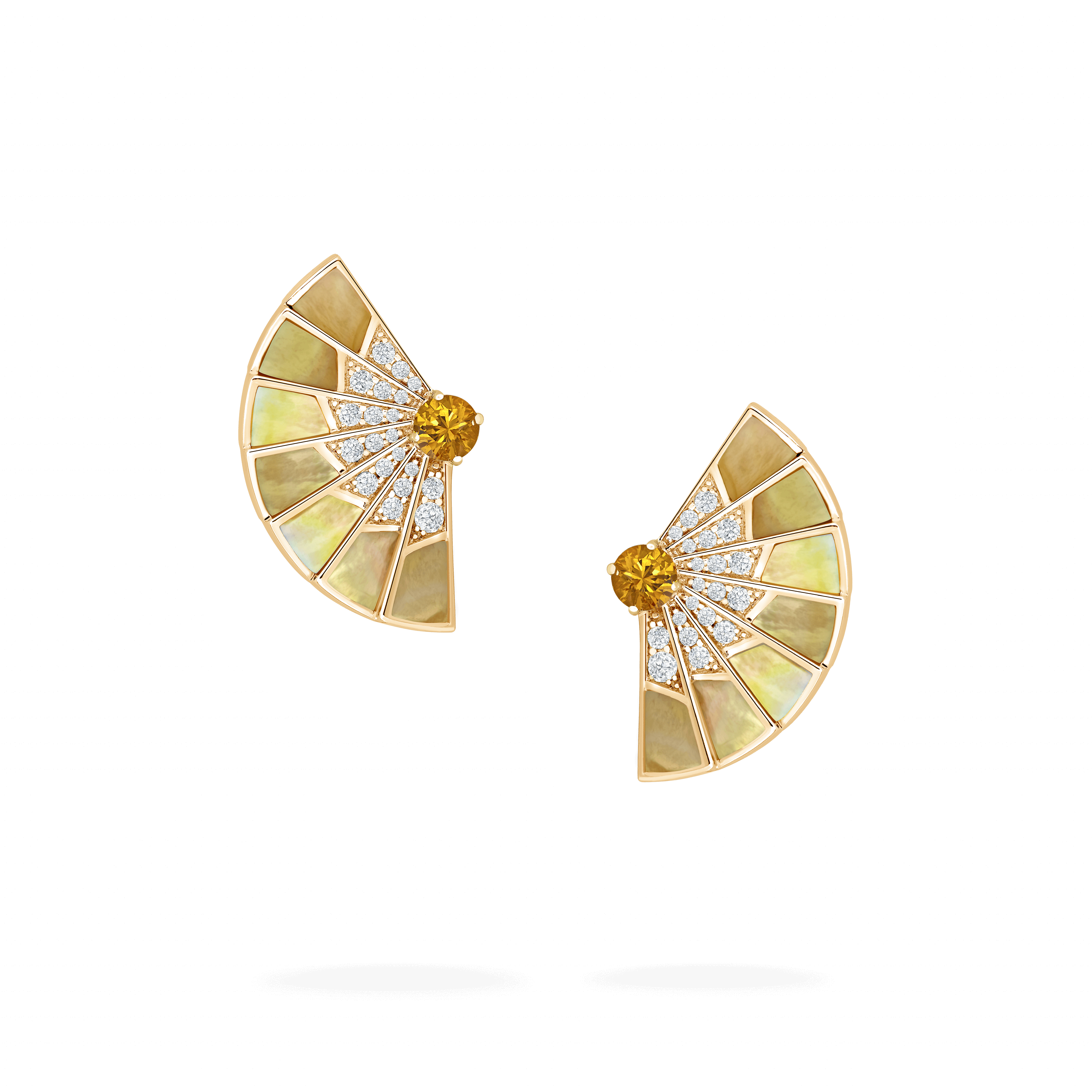 garrard Fanfare Symphony Orange Sapphire and Golden Mother of Pearl Earrings In 18ct Yellow Gold with Diamonds