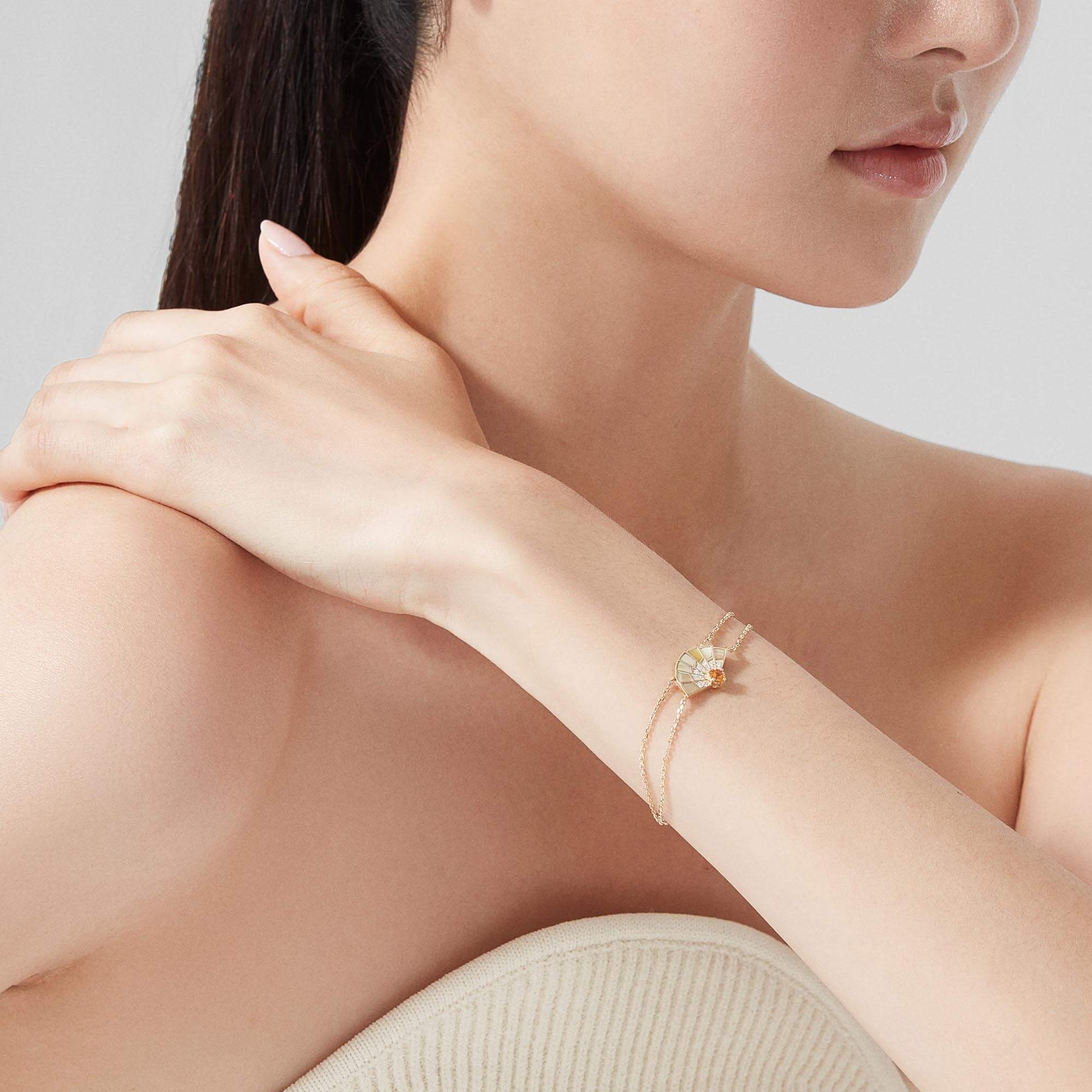 Garrard Fanfare Symphony Orange Sapphire And Golden Mother Of Pearl Bracelet In 18ct Yellow Gold With Diamonds